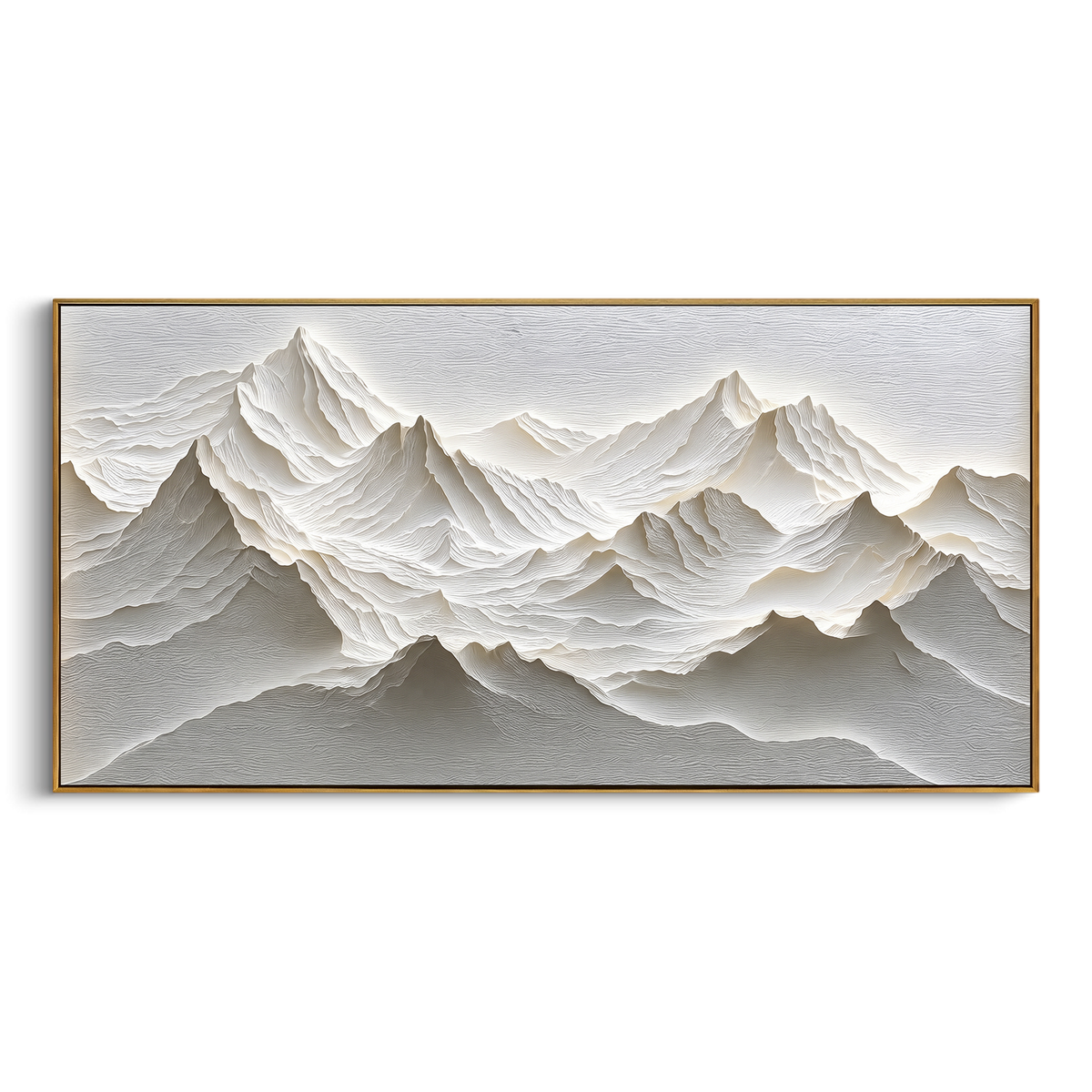 White Alpine Ridge Relief focuses on this hand-painted textured canvas features White Alpine Ridge Relief with sculpted snowy mountain folds and grey valleys. The composition is described from the actual main image, so the visible subject, color balance, spacing, and surface movement stay specific to this product instead of reading like a batch title. Raised palette-knife layers, sculpted impasto ridges, softened brush transitions, and tactile handmade texture give the canvas dimensional depth