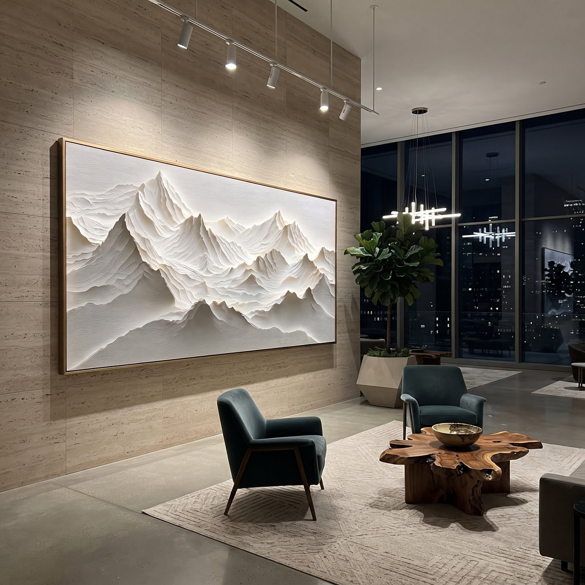 White Alpine Ridge Relief focuses on this hand-painted textured canvas features White Alpine Ridge Relief with sculpted snowy mountain folds and grey valleys. The composition is described from the actual main image, so the visible subject, color balance, spacing, and surface movement stay specific to this product instead of reading like a batch title. Raised palette-knife layers, sculpted impasto ridges, softened brush transitions, and tactile handmade texture give the canvas dimensional depth
