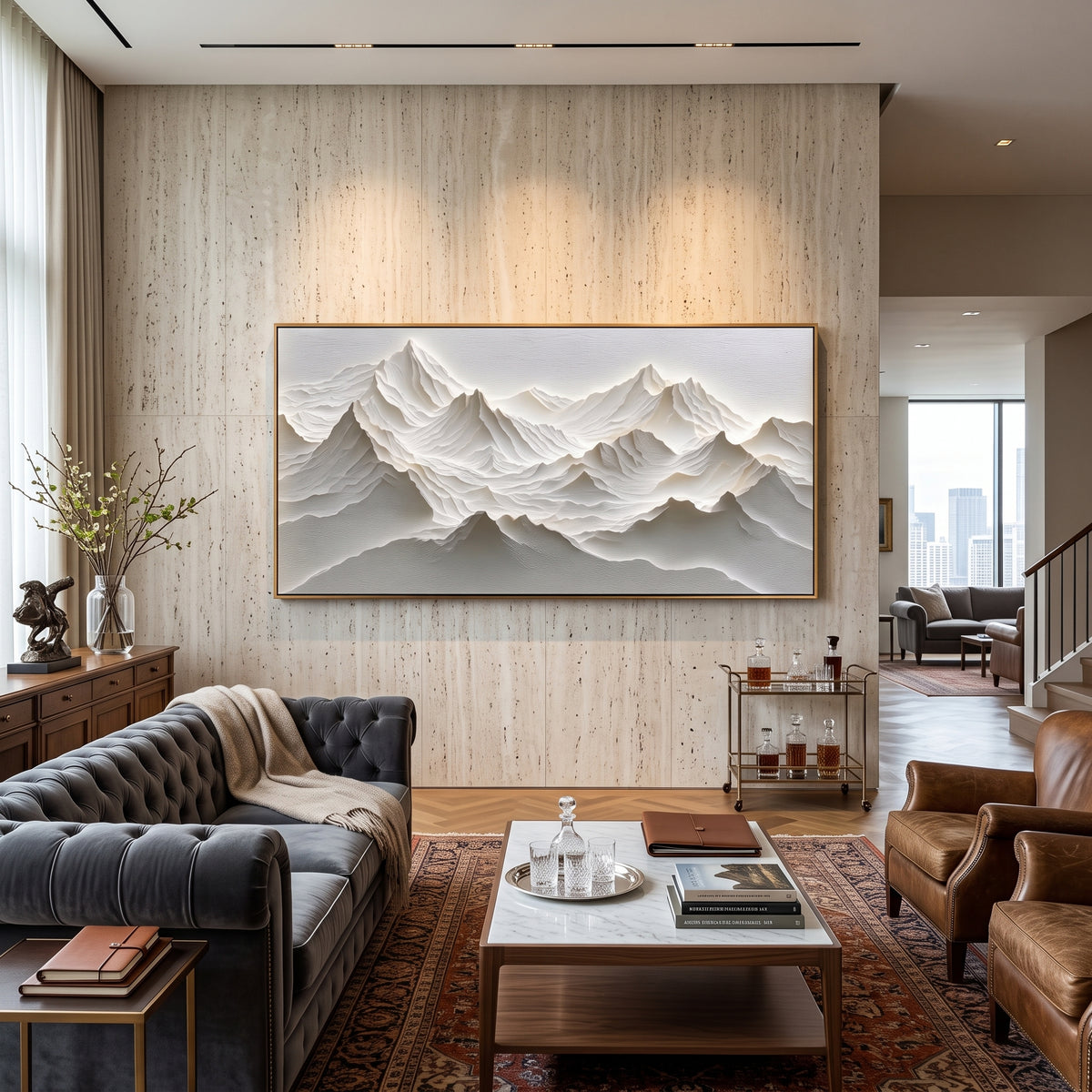 White Alpine Ridge Relief focuses on this hand-painted textured canvas features White Alpine Ridge Relief with sculpted snowy mountain folds and grey valleys. The composition is described from the actual main image, so the visible subject, color balance, spacing, and surface movement stay specific to this product instead of reading like a batch title. Raised palette-knife layers, sculpted impasto ridges, softened brush transitions, and tactile handmade texture give the canvas dimensional depth
