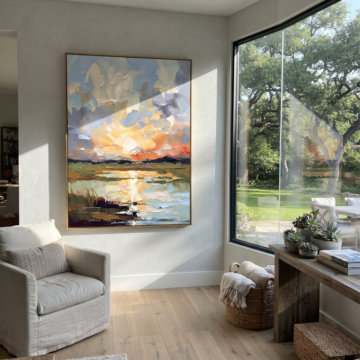 Sunset Lake Reflection Relief focuses on this hand-painted textured canvas features vertical sunset lake reflection with peach clouds, blue water, and dark shoreline grasses. The composition is described from the actual main image, so the visible subject, color balance, spacing, and surface movement stay specific to this product instead of reading like a batch title. Raised palette-knife layers, sculpted impasto ridges, softened brush transitions, and tactile handmade texture give the canvas