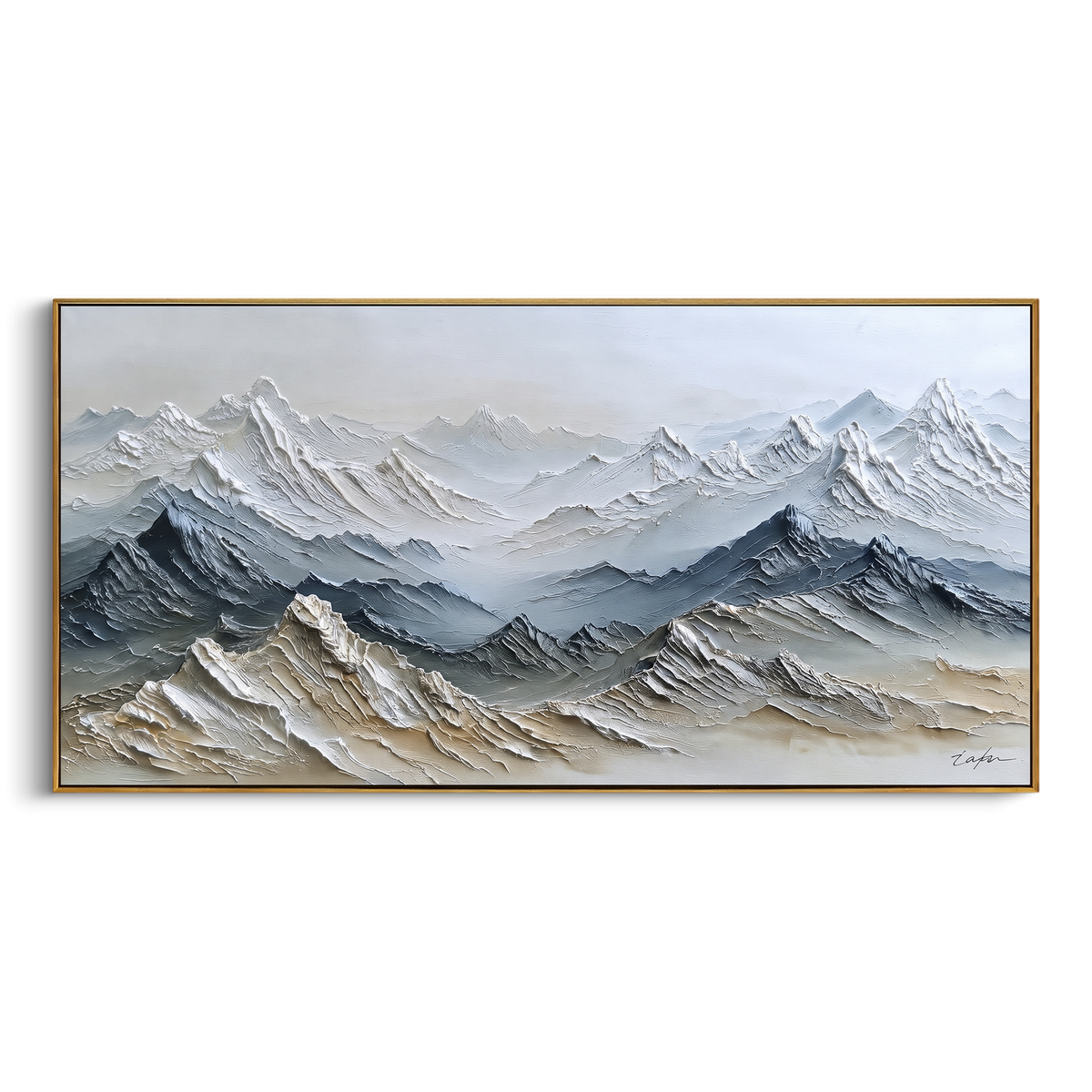 Grey Snow Mountain Range focuses on this hand-painted textured canvas features grey snow mountain range with sharp ridges, white peaks, and cool shadowed slopes. The composition is described from the actual main image, so the visible subject, color balance, spacing, and surface movement stay specific to this product instead of reading like a batch title. Raised palette-knife layers, sculpted impasto ridges, softened brush transitions, and tactile handmade texture give the canvas dimensional