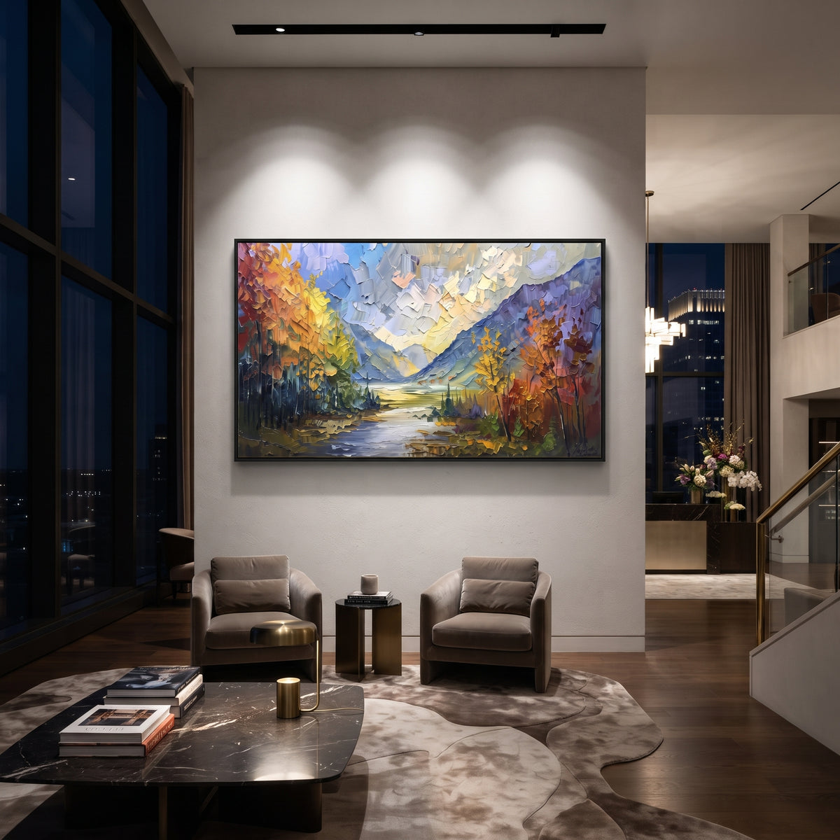 Autumn River Valley focuses on this hand-painted textured canvas features autumn river valley with golden trees, blue mountain opening, and luminous water path. The composition is described from the actual main image, so the visible subject, color balance, spacing, and surface movement stay specific to this product instead of reading like a batch title. Raised palette-knife layers, sculpted impasto ridges, softened brush transitions, and tactile handmade texture give the canvas dimensional depth
