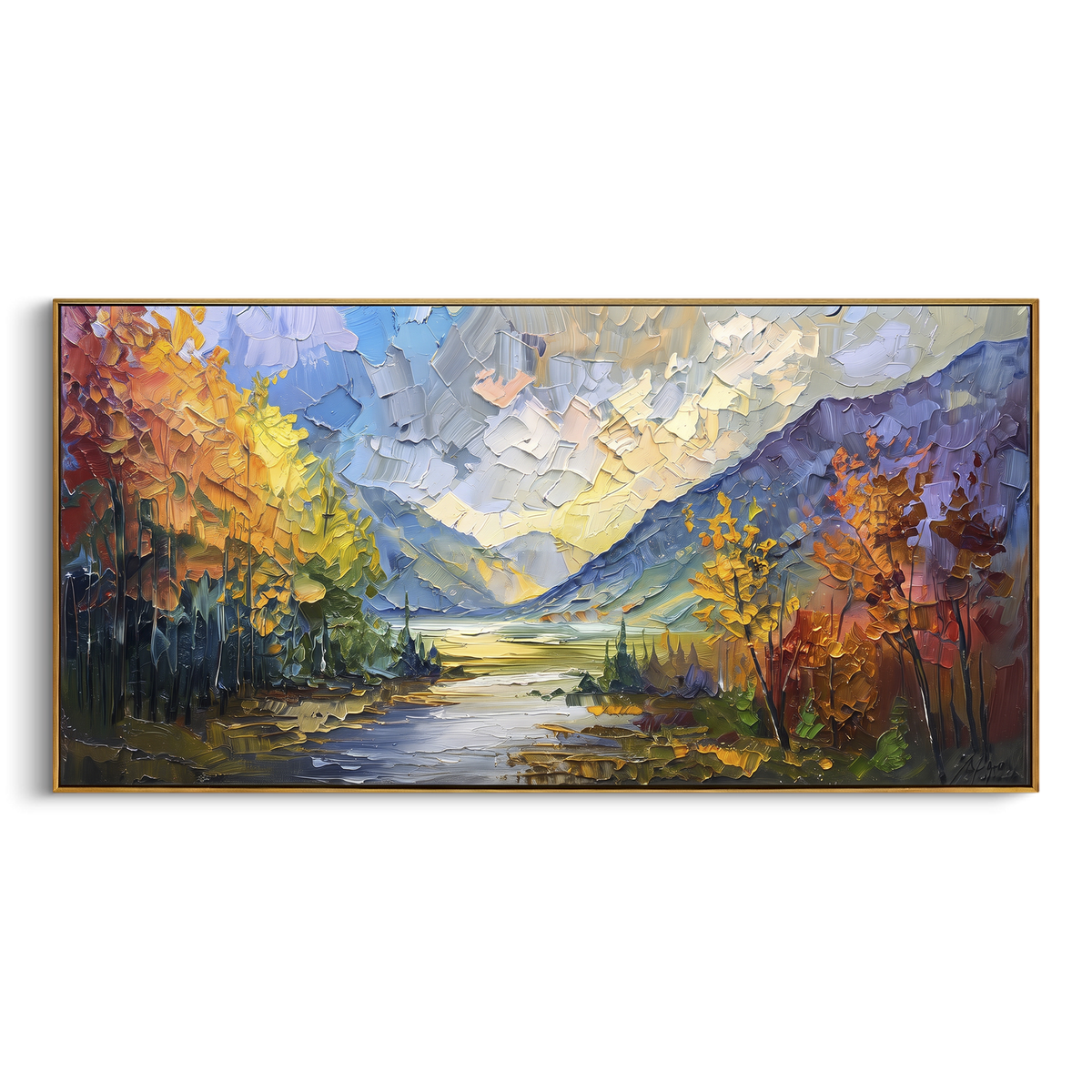 Autumn River Valley focuses on this hand-painted textured canvas features autumn river valley with golden trees, blue mountain opening, and luminous water path. The composition is described from the actual main image, so the visible subject, color balance, spacing, and surface movement stay specific to this product instead of reading like a batch title. Raised palette-knife layers, sculpted impasto ridges, softened brush transitions, and tactile handmade texture give the canvas dimensional depth