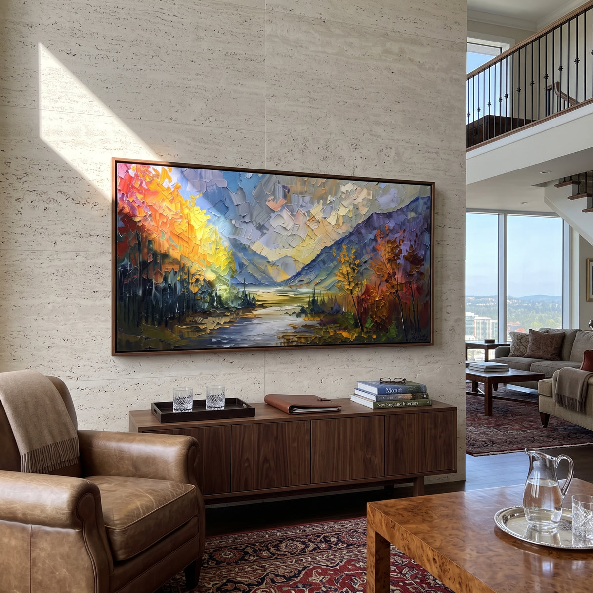 Autumn River Valley focuses on this hand-painted textured canvas features autumn river valley with golden trees, blue mountain opening, and luminous water path. The composition is described from the actual main image, so the visible subject, color balance, spacing, and surface movement stay specific to this product instead of reading like a batch title. Raised palette-knife layers, sculpted impasto ridges, softened brush transitions, and tactile handmade texture give the canvas dimensional depth