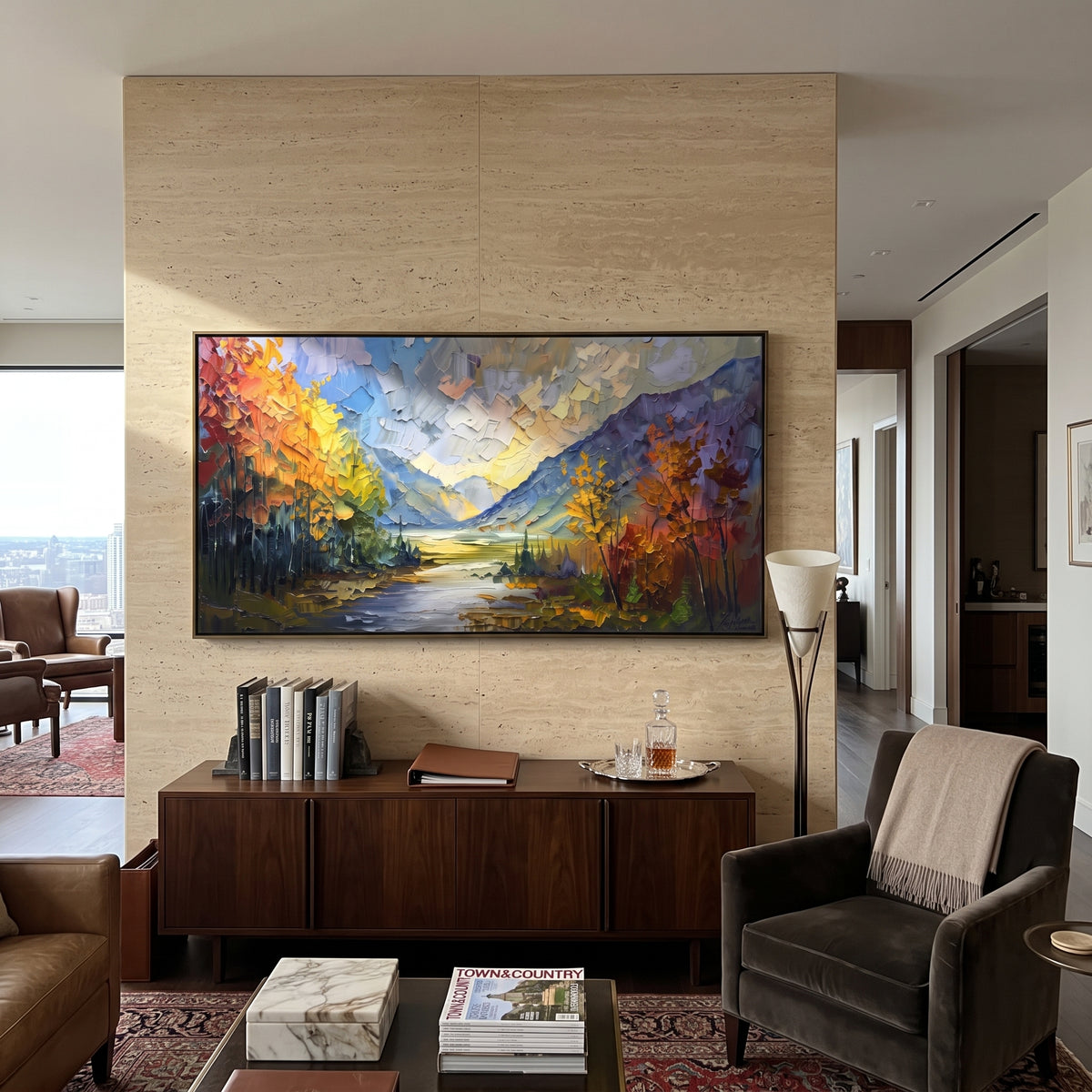 Autumn River Valley focuses on this hand-painted textured canvas features autumn river valley with golden trees, blue mountain opening, and luminous water path. The composition is described from the actual main image, so the visible subject, color balance, spacing, and surface movement stay specific to this product instead of reading like a batch title. Raised palette-knife layers, sculpted impasto ridges, softened brush transitions, and tactile handmade texture give the canvas dimensional depth
