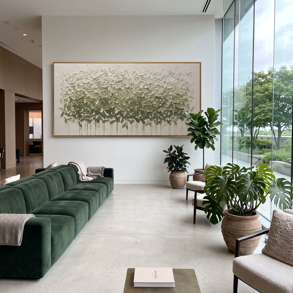 Sage Leaf Canopy Relief focuses on sage and white leafy canopy with raised horizontal foliage texture, using the sage green family as the main atmosphere while keeping the subject and composition specific to the actual main image. The visible details are described from the artwork itself: the placement of the main forms, the surrounding negative space, the relationship between pale highlights and deeper green or dark accents, and the direction of the brushwork across the surface. Raised