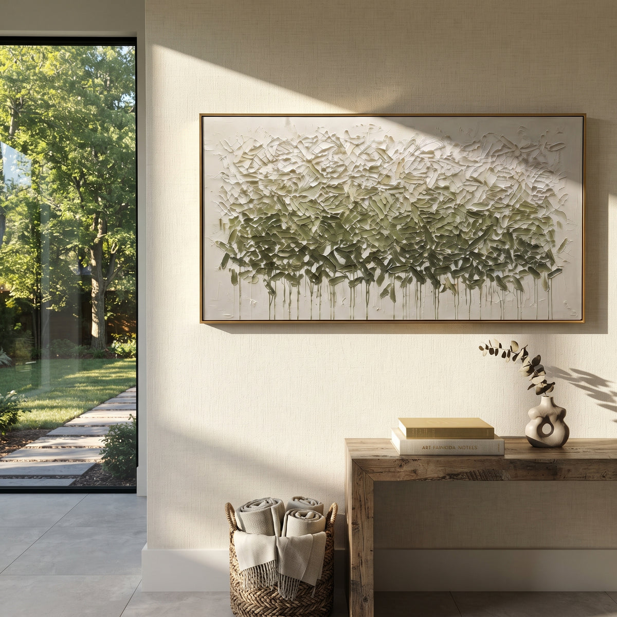 Sage Leaf Canopy Relief focuses on sage and white leafy canopy with raised horizontal foliage texture, using the sage green family as the main atmosphere while keeping the subject and composition specific to the actual main image. The visible details are described from the artwork itself: the placement of the main forms, the surrounding negative space, the relationship between pale highlights and deeper green or dark accents, and the direction of the brushwork across the surface. Raised