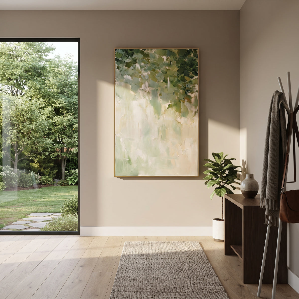 Soft Garden Green Blossom focuses on soft white garden blossoms dissolving into sage green brushwork, using the sage green family as the main atmosphere while keeping the subject and composition specific to the actual main image. The visible details are described from the artwork itself: the placement of the main forms, the surrounding negative space, the relationship between pale highlights and deeper green or dark accents, and the direction of the brushwork across the surface. Raised