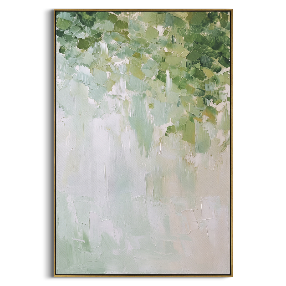 Soft Garden Green Blossom focuses on soft white garden blossoms dissolving into sage green brushwork, using the sage green family as the main atmosphere while keeping the subject and composition specific to the actual main image. The visible details are described from the artwork itself: the placement of the main forms, the surrounding negative space, the relationship between pale highlights and deeper green or dark accents, and the direction of the brushwork across the surface. Raised