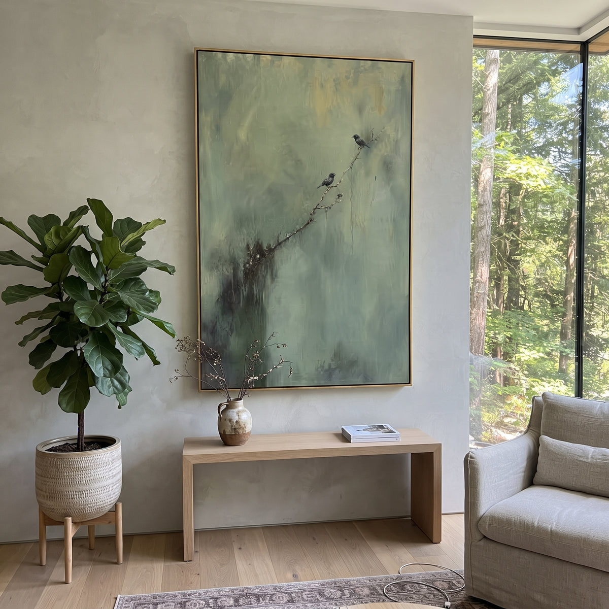 Small Birds On Sage Branch focuses on two small dark birds perched on a fine branch over a muted sage field, using the sage green family as the main atmosphere while keeping the subject and composition specific to the actual main image. The visible details are described from the artwork itself: the placement of the main forms, the surrounding negative space, the relationship between pale highlights and deeper green or dark accents, and the direction of the brushwork across the surface. Raised
