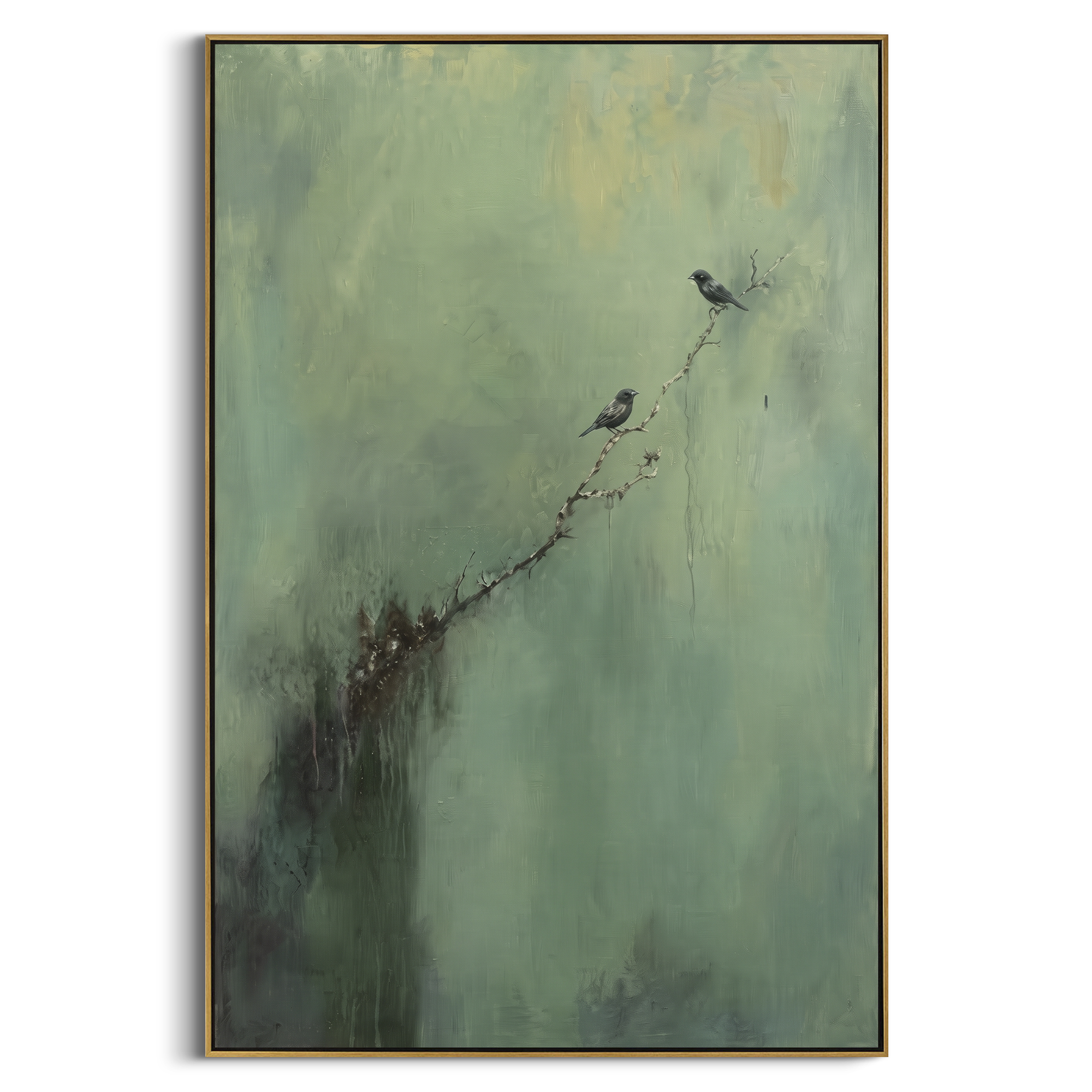 Small Birds On Sage Branch focuses on two small dark birds perched on a fine branch over a muted sage field, using the sage green family as the main atmosphere while keeping the subject and composition specific to the actual main image. The visible details are described from the artwork itself: the placement of the main forms, the surrounding negative space, the relationship between pale highlights and deeper green or dark accents, and the direction of the brushwork across the surface. Raised