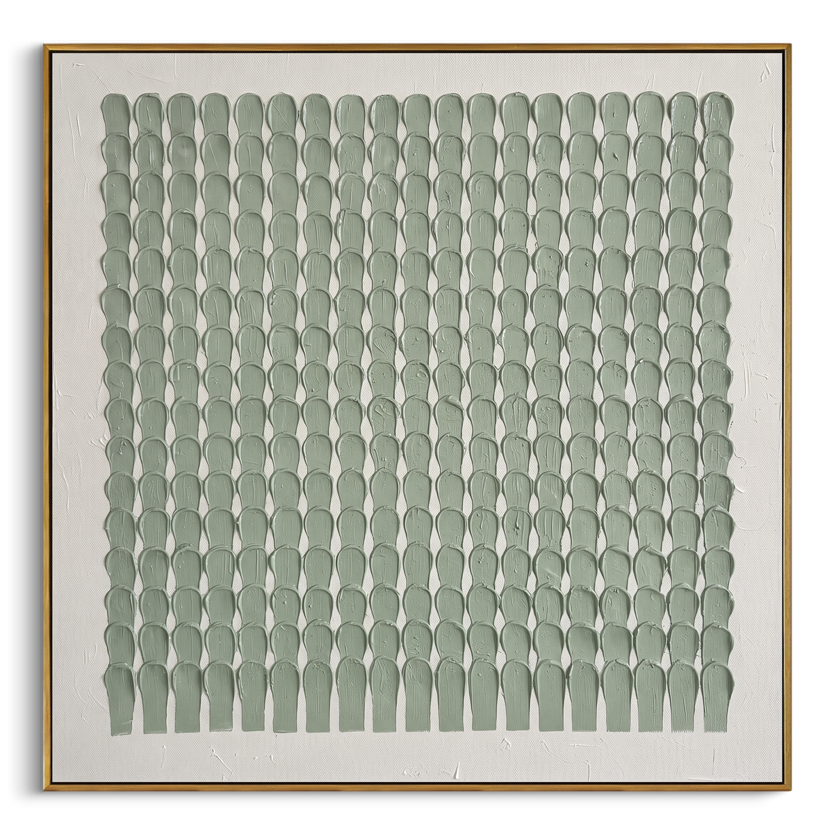 Sage Oval Tile Grid Relief focuses on orderly raised oval tiles arranged in a quiet sage and white grid, using the sage green family as the main atmosphere while keeping the subject and composition specific to the actual main image. The visible details are described from the artwork itself: the placement of the main forms, the surrounding negative space, the relationship between pale highlights and deeper green or dark accents, and the direction of the brushwork across the surface. Raised