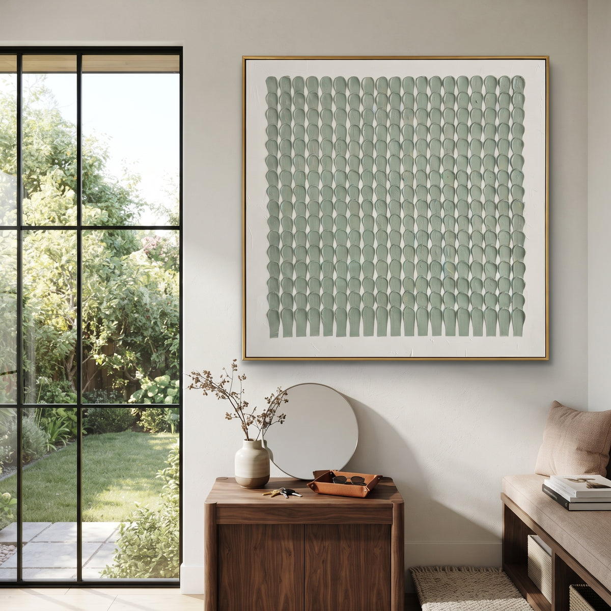 Sage Oval Tile Grid Relief focuses on orderly raised oval tiles arranged in a quiet sage and white grid, using the sage green family as the main atmosphere while keeping the subject and composition specific to the actual main image. The visible details are described from the artwork itself: the placement of the main forms, the surrounding negative space, the relationship between pale highlights and deeper green or dark accents, and the direction of the brushwork across the surface. Raised
