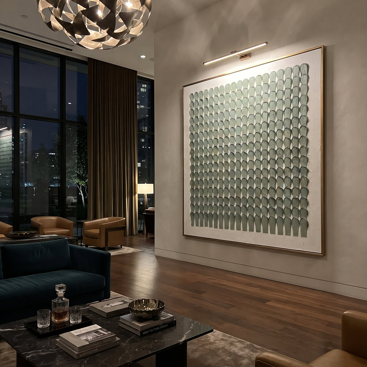 Sage Oval Tile Grid Relief focuses on orderly raised oval tiles arranged in a quiet sage and white grid, using the sage green family as the main atmosphere while keeping the subject and composition specific to the actual main image. The visible details are described from the artwork itself: the placement of the main forms, the surrounding negative space, the relationship between pale highlights and deeper green or dark accents, and the direction of the brushwork across the surface. Raised