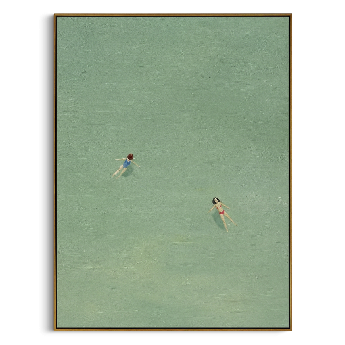 Tiny Swimmers Sage Pool focuses on tiny swimmers floating through a wide calm sage green pool surface, using the sage green family as the main atmosphere while keeping the subject and composition specific to the actual main image. The visible details are described from the artwork itself: the placement of the main forms, the surrounding negative space, the relationship between pale highlights and deeper green or dark accents, and the direction of the brushwork across the surface. Raised