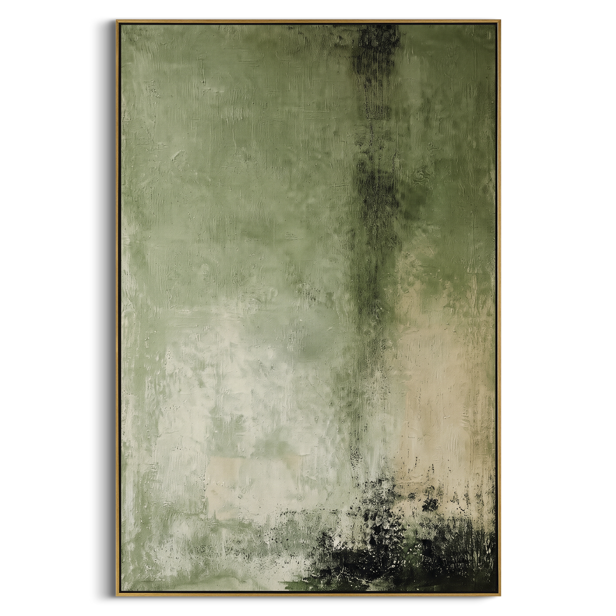 Misty Green Plaster Texture focuses on misty vertical green plaster fields with dark weathered edges, using the sage green family as the main atmosphere while keeping the subject and composition specific to the actual main image. The visible details are described from the artwork itself: the placement of the main forms, the surrounding negative space, the relationship between pale highlights and deeper green or dark accents, and the direction of the brushwork across the surface. Raised