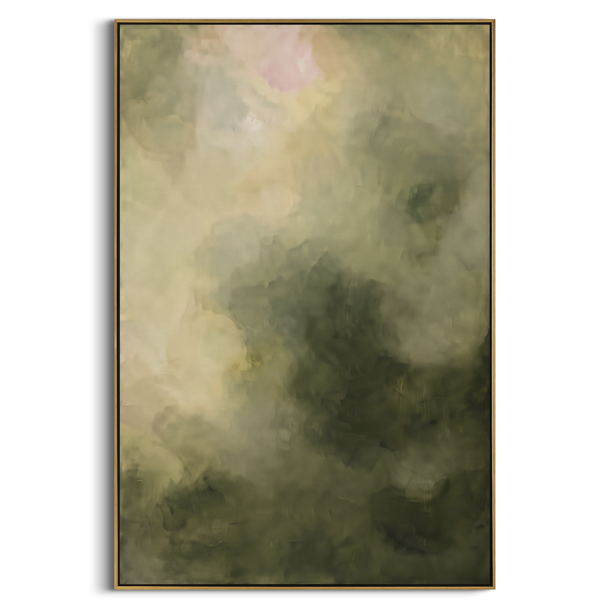 Smoky Sage Cloud Abstract focuses on smoky sage and olive clouds with soft cream light moving through the center, using the sage green family as the main atmosphere while keeping the subject and composition specific to the actual main image. The visible details are described from the artwork itself: the placement of the main forms, the surrounding negative space, the relationship between pale highlights and deeper green or dark accents, and the direction of the brushwork across the surface.