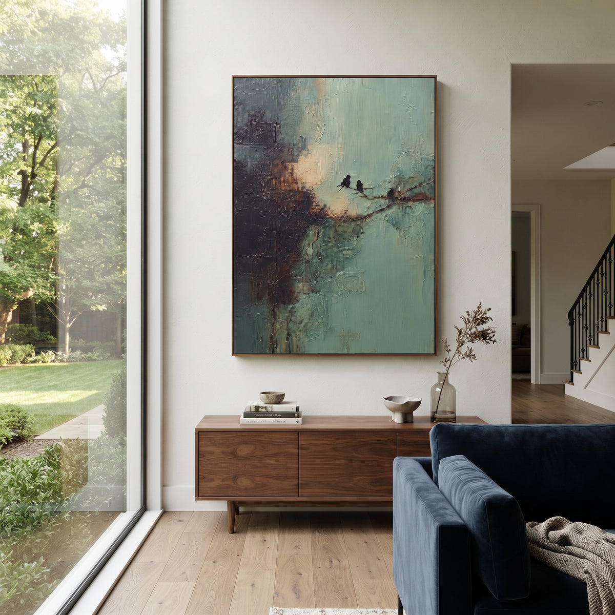 Two Birds On Weathered Branch focuses on two dark birds resting on a thin weathered branch across a blue green ground, using the sage green family as the main atmosphere while keeping the subject and composition specific to the actual main image. The visible details are described from the artwork itself: the placement of the main forms, the surrounding negative space, the relationship between pale highlights and deeper green or dark accents, and the direction of the brushwork across the surface.