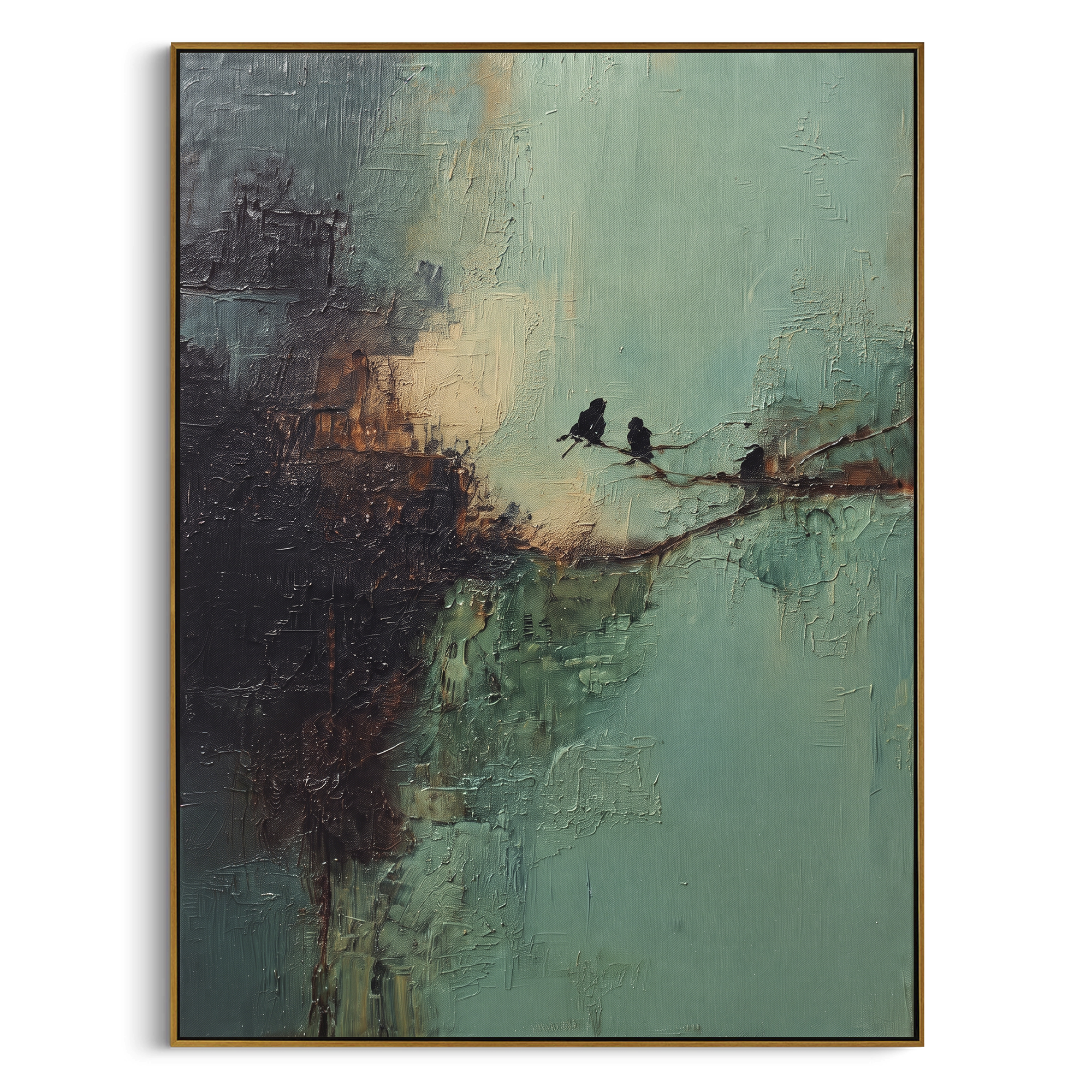 Two Birds On Weathered Branch focuses on two dark birds resting on a thin weathered branch across a blue green ground, using the sage green family as the main atmosphere while keeping the subject and composition specific to the actual main image. The visible details are described from the artwork itself: the placement of the main forms, the surrounding negative space, the relationship between pale highlights and deeper green or dark accents, and the direction of the brushwork across the surface.