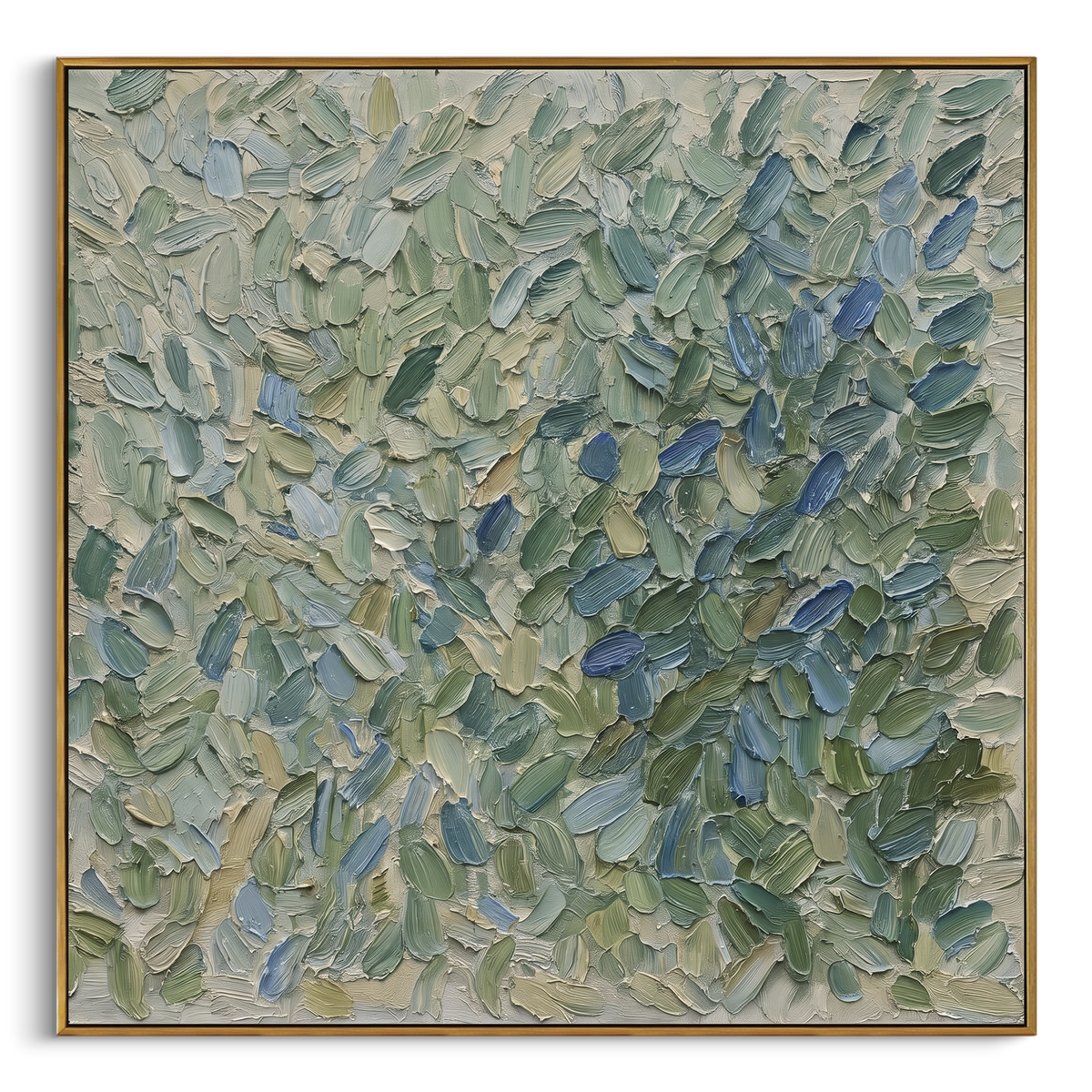 Sage Blue Leaf Impasto Relief focuses on dense overlapping sage green and blue leaf-like palette knife marks, using the sage green family as the main atmosphere while keeping the subject and composition specific to the actual main image. The visible details are described from the artwork itself: the placement of the main forms, the surrounding negative space, the relationship between pale highlights and deeper green or dark accents, and the direction of the brushwork across the surface. Raised