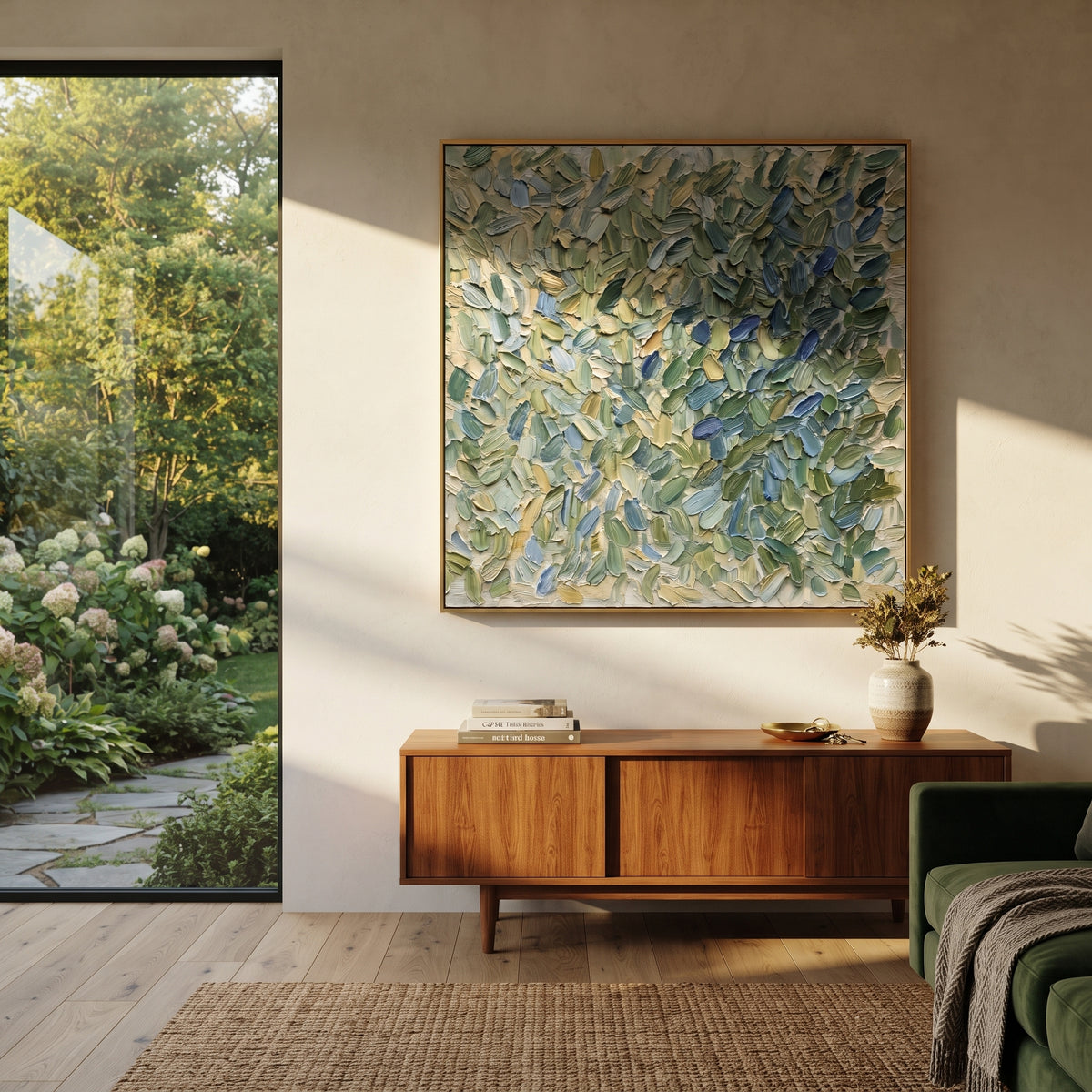 Sage Blue Leaf Impasto Relief focuses on dense overlapping sage green and blue leaf-like palette knife marks, using the sage green family as the main atmosphere while keeping the subject and composition specific to the actual main image. The visible details are described from the artwork itself: the placement of the main forms, the surrounding negative space, the relationship between pale highlights and deeper green or dark accents, and the direction of the brushwork across the surface. Raised