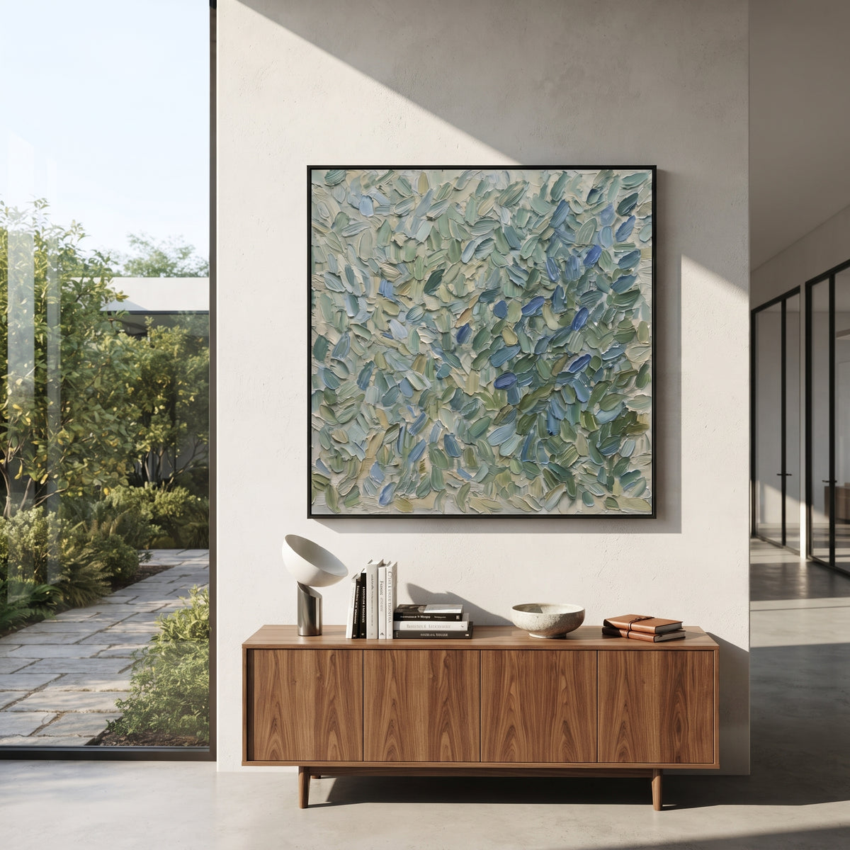 Sage Blue Leaf Impasto Relief focuses on dense overlapping sage green and blue leaf-like palette knife marks, using the sage green family as the main atmosphere while keeping the subject and composition specific to the actual main image. The visible details are described from the artwork itself: the placement of the main forms, the surrounding negative space, the relationship between pale highlights and deeper green or dark accents, and the direction of the brushwork across the surface. Raised