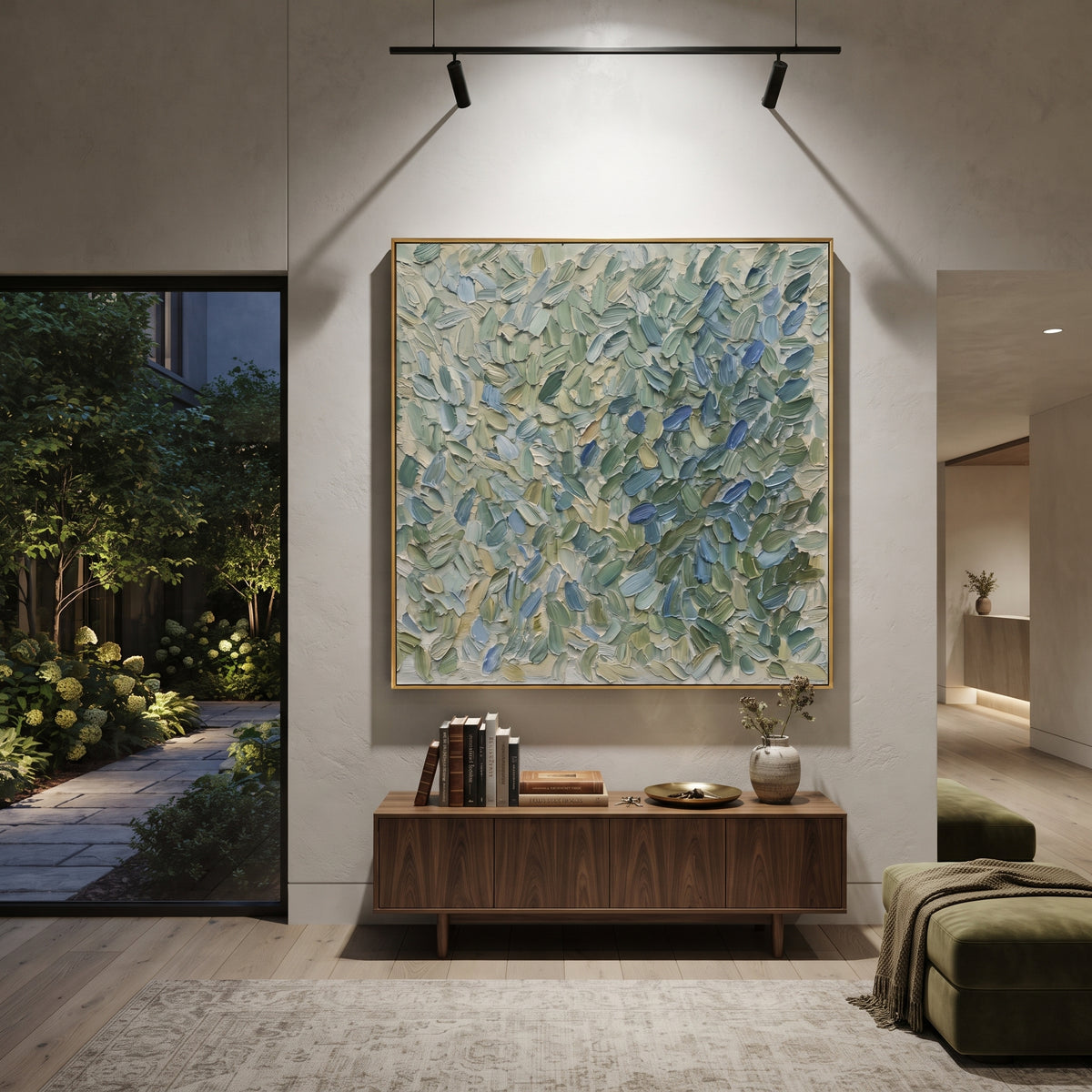 Sage Blue Leaf Impasto Relief focuses on dense overlapping sage green and blue leaf-like palette knife marks, using the sage green family as the main atmosphere while keeping the subject and composition specific to the actual main image. The visible details are described from the artwork itself: the placement of the main forms, the surrounding negative space, the relationship between pale highlights and deeper green or dark accents, and the direction of the brushwork across the surface. Raised