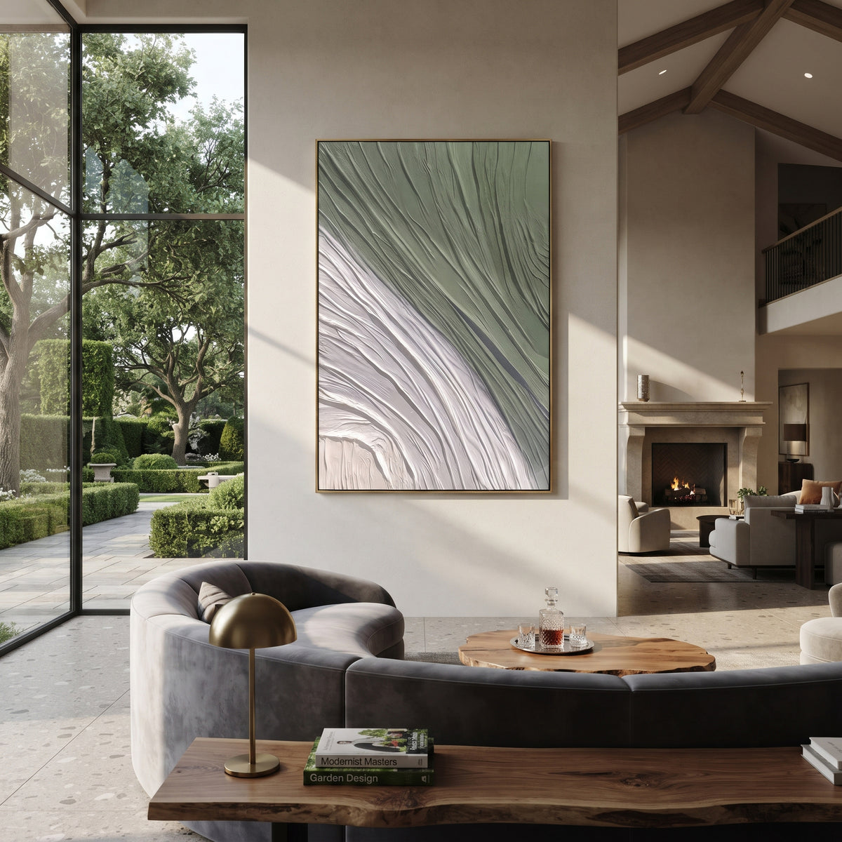 Green White Flowing Line Relief focuses on curved green and white flowing ridges sweeping diagonally across the canvas, using the sage green family as the main atmosphere while keeping the subject and composition specific to the actual main image. The visible details are described from the artwork itself: the placement of the main forms, the surrounding negative space, the relationship between pale highlights and deeper green or dark accents, and the direction of the brushwork across the