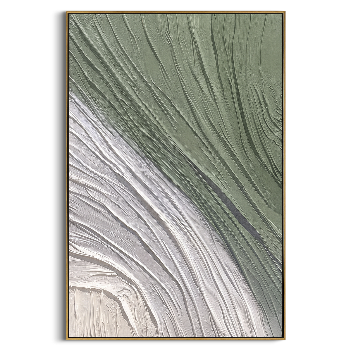 "Green White Flowing Line Relief" - Modern Heavy Impasto Geometric Abstract | Green & White Palette Knife Painting | Luxury Vertical Wall Art #PT 2090