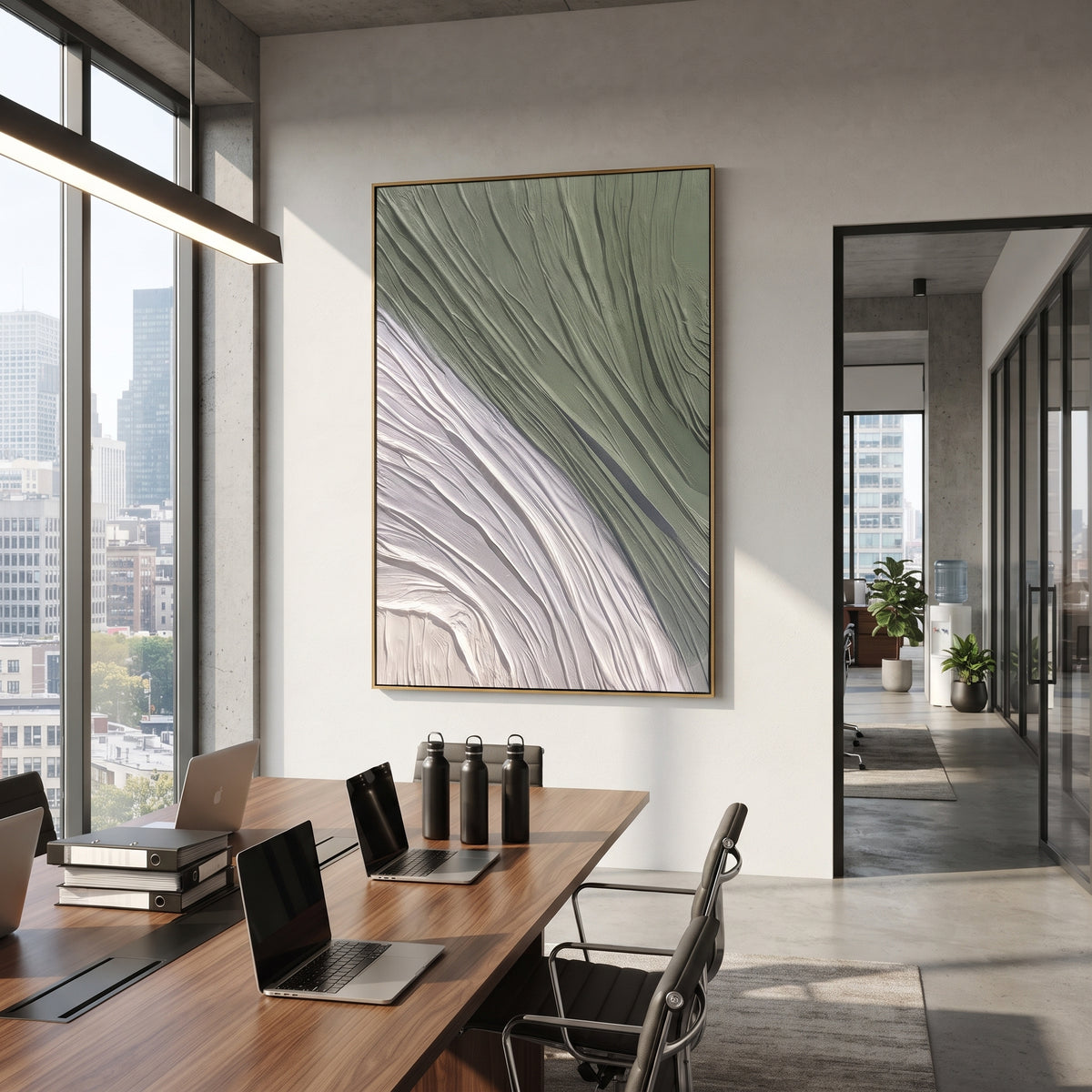 Green White Flowing Line Relief focuses on curved green and white flowing ridges sweeping diagonally across the canvas, using the sage green family as the main atmosphere while keeping the subject and composition specific to the actual main image. The visible details are described from the artwork itself: the placement of the main forms, the surrounding negative space, the relationship between pale highlights and deeper green or dark accents, and the direction of the brushwork across the