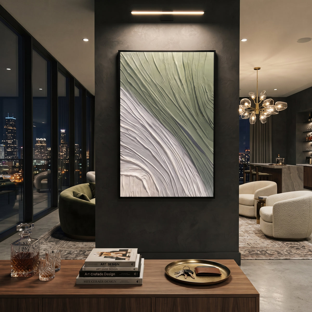 Green White Flowing Line Relief focuses on curved green and white flowing ridges sweeping diagonally across the canvas, using the sage green family as the main atmosphere while keeping the subject and composition specific to the actual main image. The visible details are described from the artwork itself: the placement of the main forms, the surrounding negative space, the relationship between pale highlights and deeper green or dark accents, and the direction of the brushwork across the