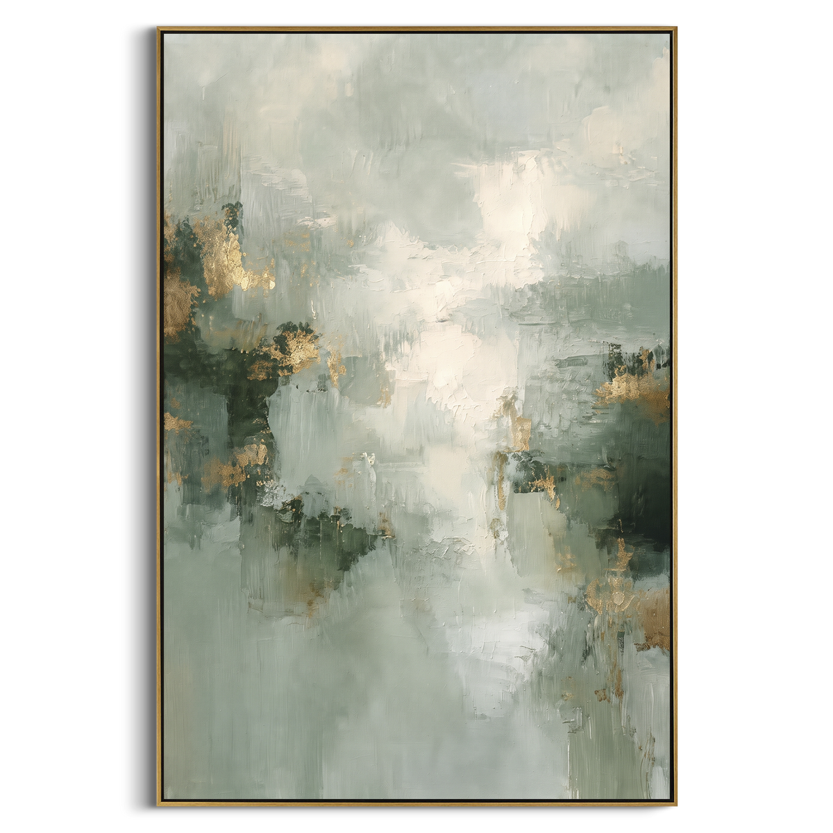 Misty Sage Gold Abstract focuses on misty sage abstraction with white light, charcoal marks, and small gold accents, using the sage green family as the main atmosphere while keeping the subject and composition specific to the actual main image. The visible details are described from the artwork itself: the placement of the main forms, the surrounding negative space, the relationship between pale highlights and deeper green or dark accents, and the direction of the brushwork across the surface.