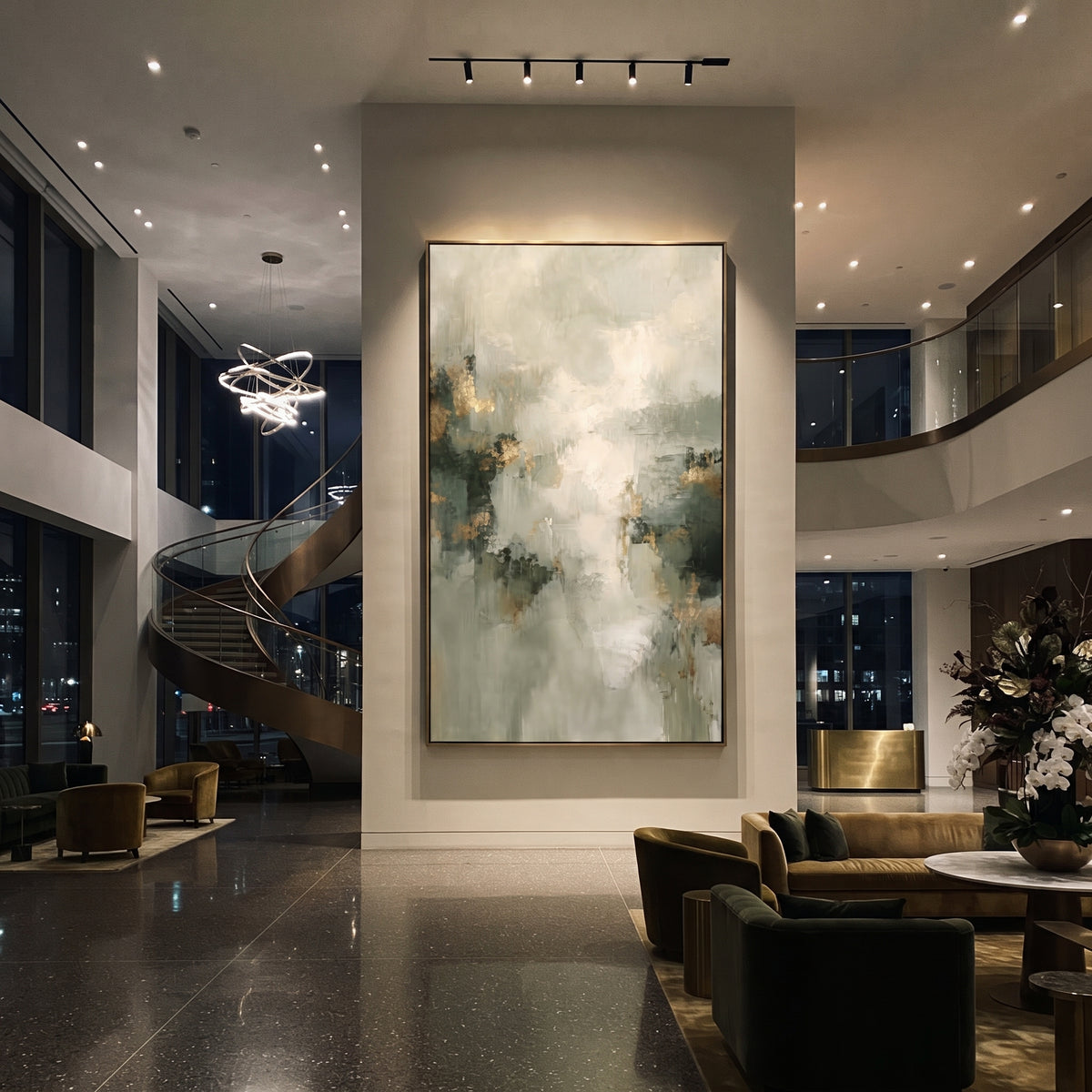 Misty Sage Gold Abstract focuses on misty sage abstraction with white light, charcoal marks, and small gold accents, using the sage green family as the main atmosphere while keeping the subject and composition specific to the actual main image. The visible details are described from the artwork itself: the placement of the main forms, the surrounding negative space, the relationship between pale highlights and deeper green or dark accents, and the direction of the brushwork across the surface.