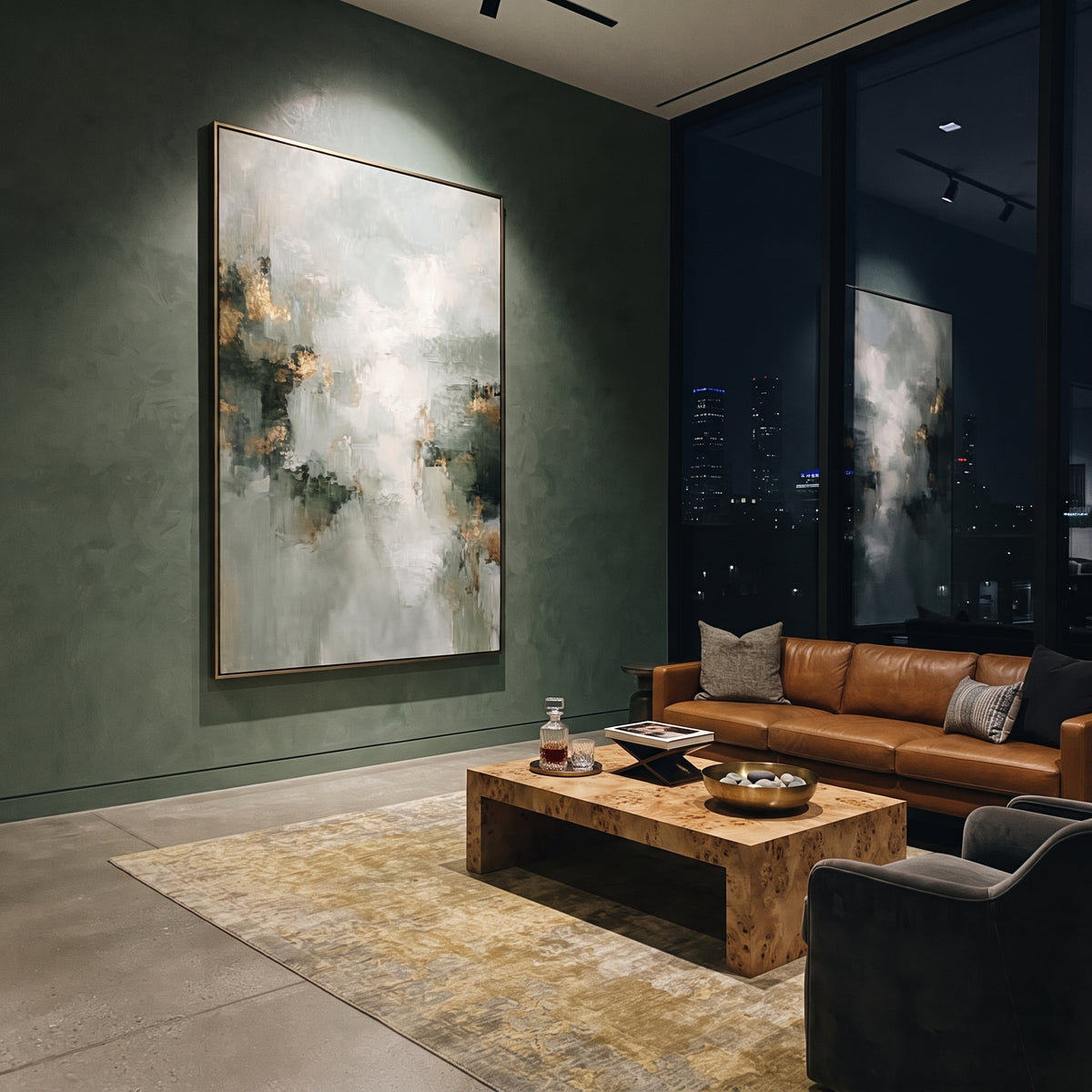Misty Sage Gold Abstract focuses on misty sage abstraction with white light, charcoal marks, and small gold accents, using the sage green family as the main atmosphere while keeping the subject and composition specific to the actual main image. The visible details are described from the artwork itself: the placement of the main forms, the surrounding negative space, the relationship between pale highlights and deeper green or dark accents, and the direction of the brushwork across the surface.