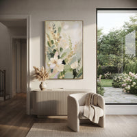 White Blossom Sage Garden focuses on large white blossoms and soft green stems layered over a pale garden ground, using the sage green family as the main atmosphere while keeping the subject and composition specific to the actual main image. The visible details are described from the artwork itself: the placement of the main forms, the surrounding negative space, the relationship between pale highlights and deeper green or dark accents, and the direction of the brushwork across the surface.