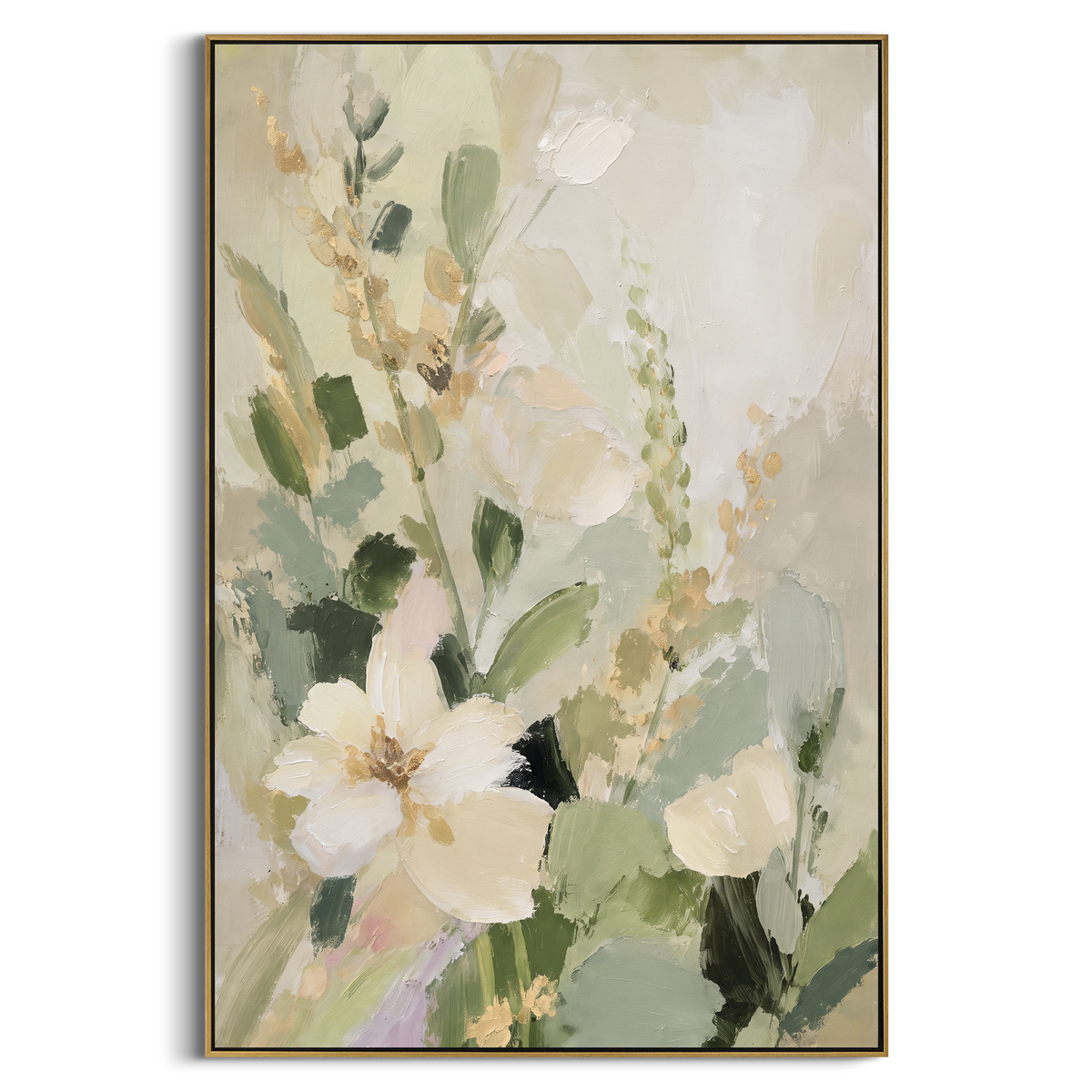 White Blossom Sage Garden focuses on large white blossoms and soft green stems layered over a pale garden ground, using the sage green family as the main atmosphere while keeping the subject and composition specific to the actual main image. The visible details are described from the artwork itself: the placement of the main forms, the surrounding negative space, the relationship between pale highlights and deeper green or dark accents, and the direction of the brushwork across the surface.