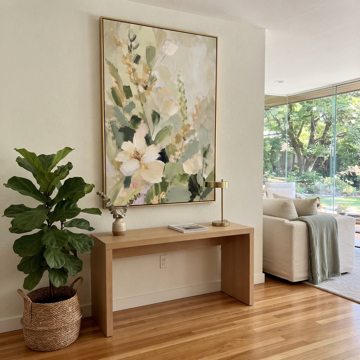 White Blossom Sage Garden focuses on large white blossoms and soft green stems layered over a pale garden ground, using the sage green family as the main atmosphere while keeping the subject and composition specific to the actual main image. The visible details are described from the artwork itself: the placement of the main forms, the surrounding negative space, the relationship between pale highlights and deeper green or dark accents, and the direction of the brushwork across the surface.