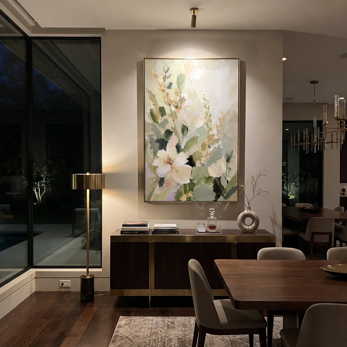 White Blossom Sage Garden focuses on large white blossoms and soft green stems layered over a pale garden ground, using the sage green family as the main atmosphere while keeping the subject and composition specific to the actual main image. The visible details are described from the artwork itself: the placement of the main forms, the surrounding negative space, the relationship between pale highlights and deeper green or dark accents, and the direction of the brushwork across the surface.