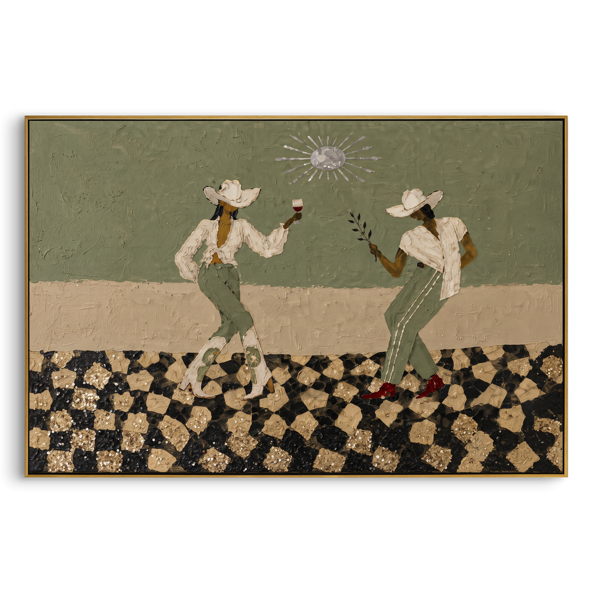 Two Cowboys Checkerboard focuses on two western figures standing on a black and beige checkerboard floor, using the sage green family as the main atmosphere while keeping the subject and composition specific to the actual main image. The visible details are described from the artwork itself: the placement of the main forms, the surrounding negative space, the relationship between pale highlights and deeper green or dark accents, and the direction of the brushwork across the surface. Raised