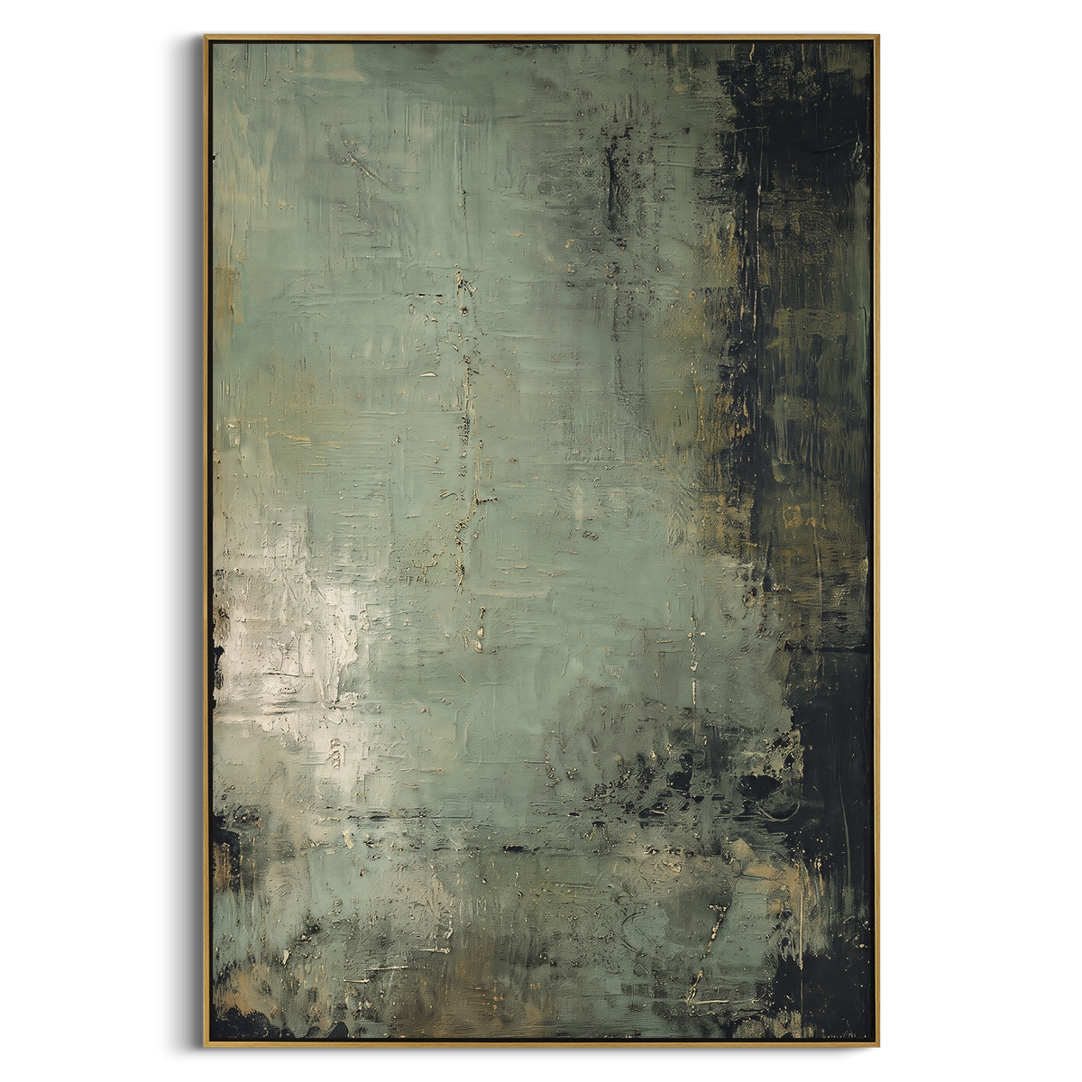 Weathered Sage Black Abstract focuses on weathered sage surface with dark blackened edge texture and pale central light, using the sage green family as the main atmosphere while keeping the subject and composition specific to the actual main image. The visible details are described from the artwork itself: the placement of the main forms, the surrounding negative space, the relationship between pale highlights and deeper green or dark accents, and the direction of the brushwork across the