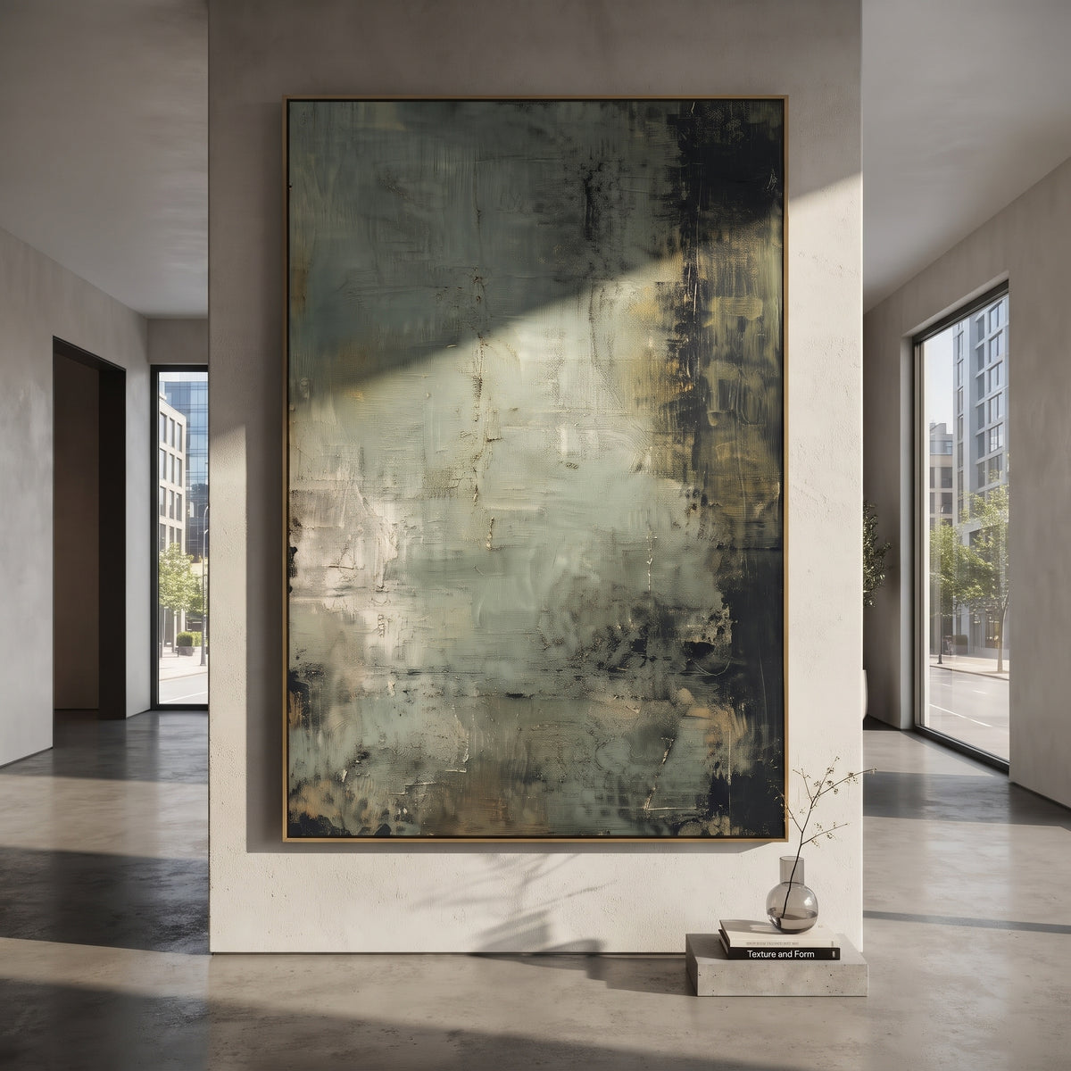 Weathered Sage Black Abstract focuses on weathered sage surface with dark blackened edge texture and pale central light, using the sage green family as the main atmosphere while keeping the subject and composition specific to the actual main image. The visible details are described from the artwork itself: the placement of the main forms, the surrounding negative space, the relationship between pale highlights and deeper green or dark accents, and the direction of the brushwork across the