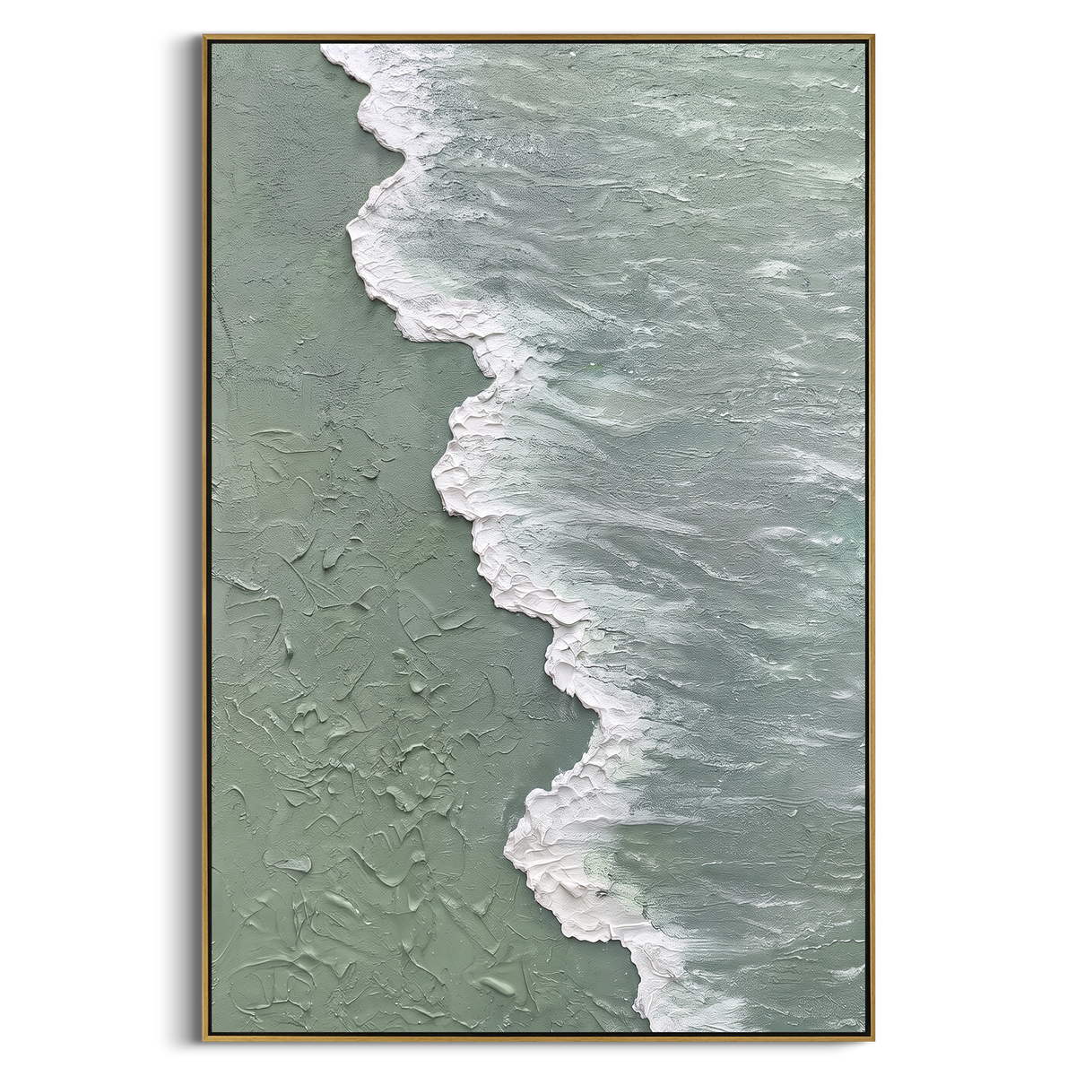 "Sage Shoreline Wave Relief" - Modern Heavy Impasto Ocean Wave Seascape | Green & White Palette Knife Painting | Luxury Vertical Wall Art #PT 2095