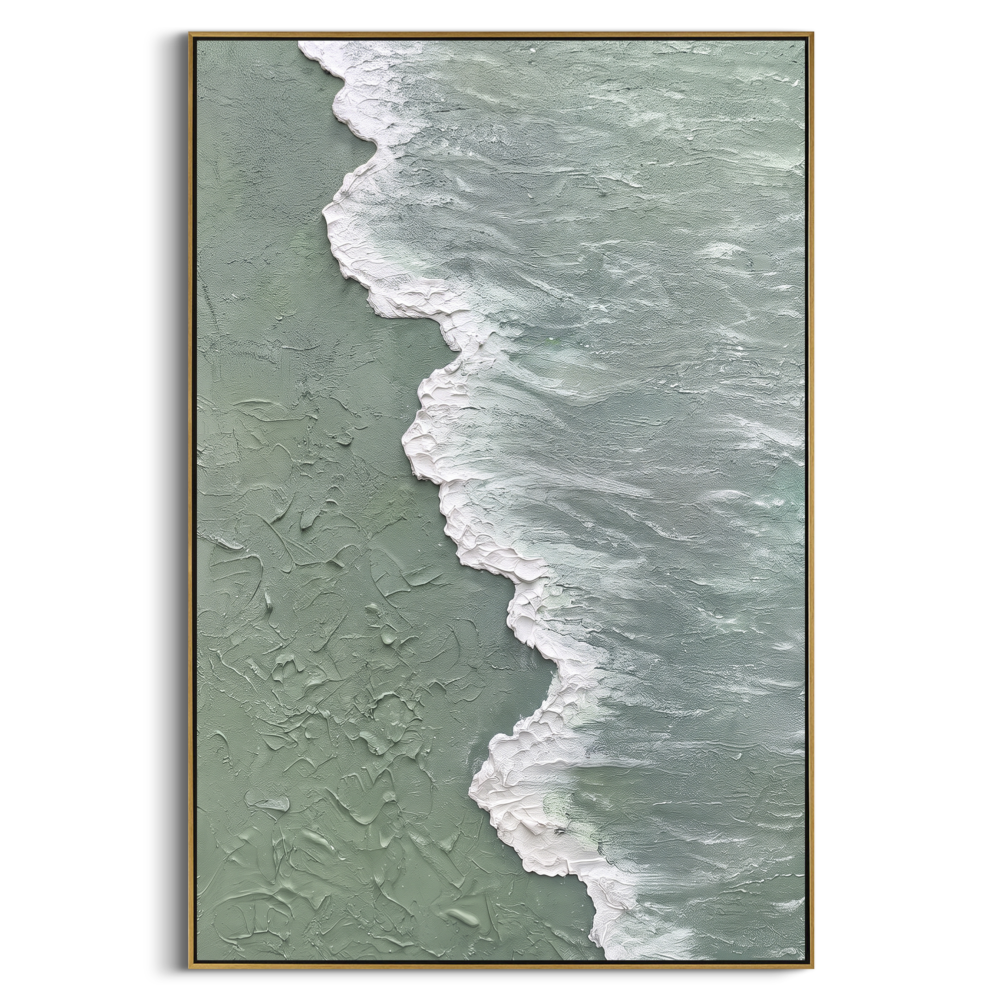 Sage Shoreline Wave Relief focuses on sage water meeting a foamy white shoreline in raised coastal texture, using the sage green family as the main atmosphere while keeping the subject and composition specific to the actual main image. The visible details are described from the artwork itself: the placement of the main forms, the surrounding negative space, the relationship between pale highlights and deeper green or dark accents, and the direction of the brushwork across the surface. Raised
