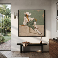 Seated Cowboy Sage Portrait focuses on a seated western figure in white hat and boots against a sage green wall, using the sage green family as the main atmosphere while keeping the subject and composition specific to the actual main image. The visible details are described from the artwork itself: the placement of the main forms, the surrounding negative space, the relationship between pale highlights and deeper green or dark accents, and the direction of the brushwork across the surface.