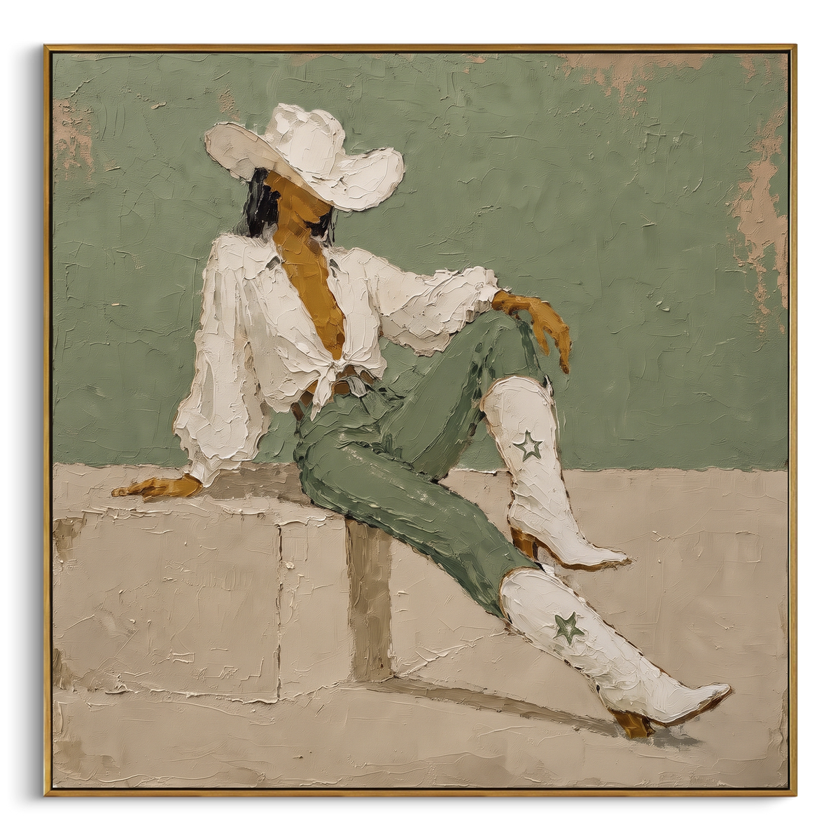 Seated Cowboy Sage Portrait focuses on a seated western figure in white hat and boots against a sage green wall, using the sage green family as the main atmosphere while keeping the subject and composition specific to the actual main image. The visible details are described from the artwork itself: the placement of the main forms, the surrounding negative space, the relationship between pale highlights and deeper green or dark accents, and the direction of the brushwork across the surface.
