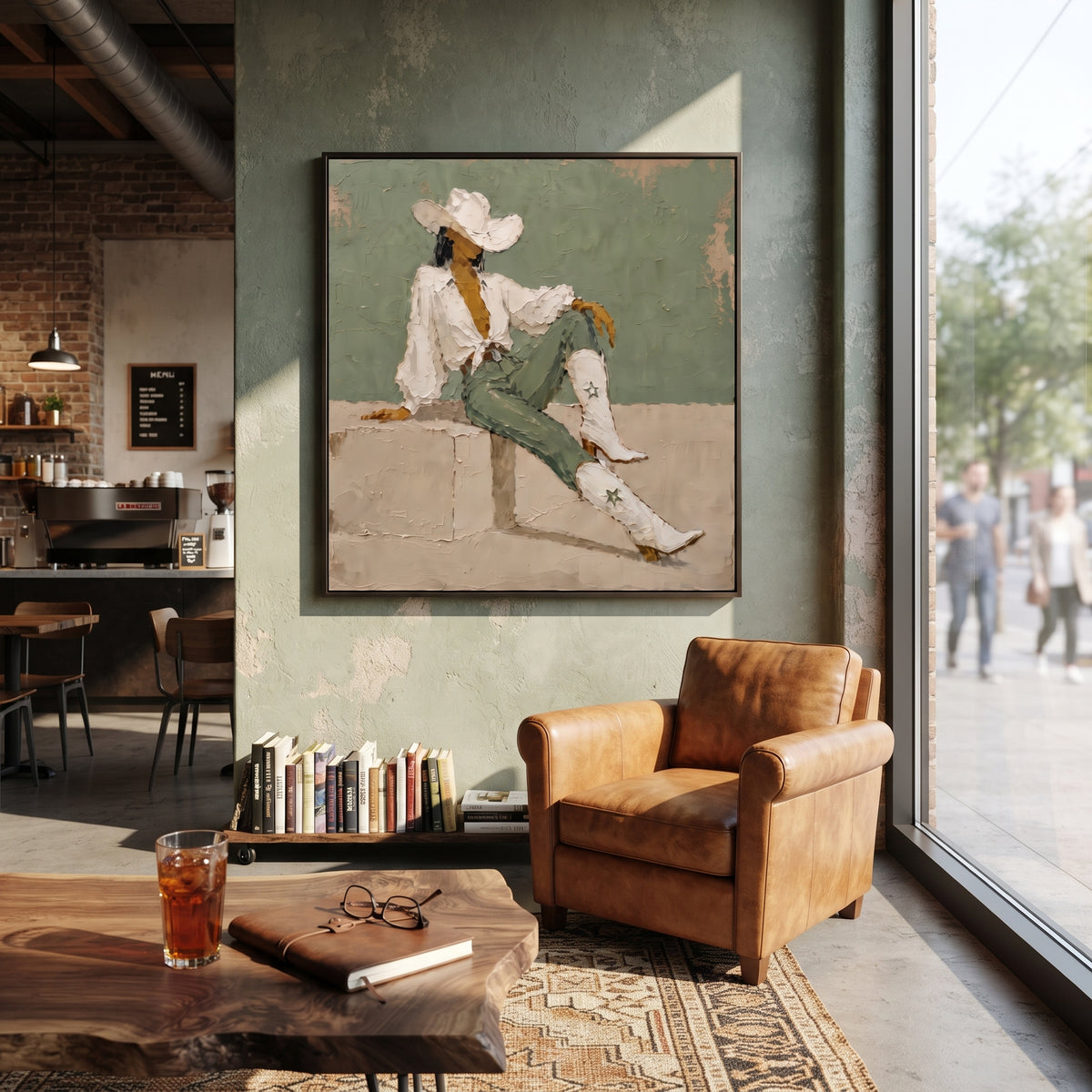 Seated Cowboy Sage Portrait focuses on a seated western figure in white hat and boots against a sage green wall, using the sage green family as the main atmosphere while keeping the subject and composition specific to the actual main image. The visible details are described from the artwork itself: the placement of the main forms, the surrounding negative space, the relationship between pale highlights and deeper green or dark accents, and the direction of the brushwork across the surface.