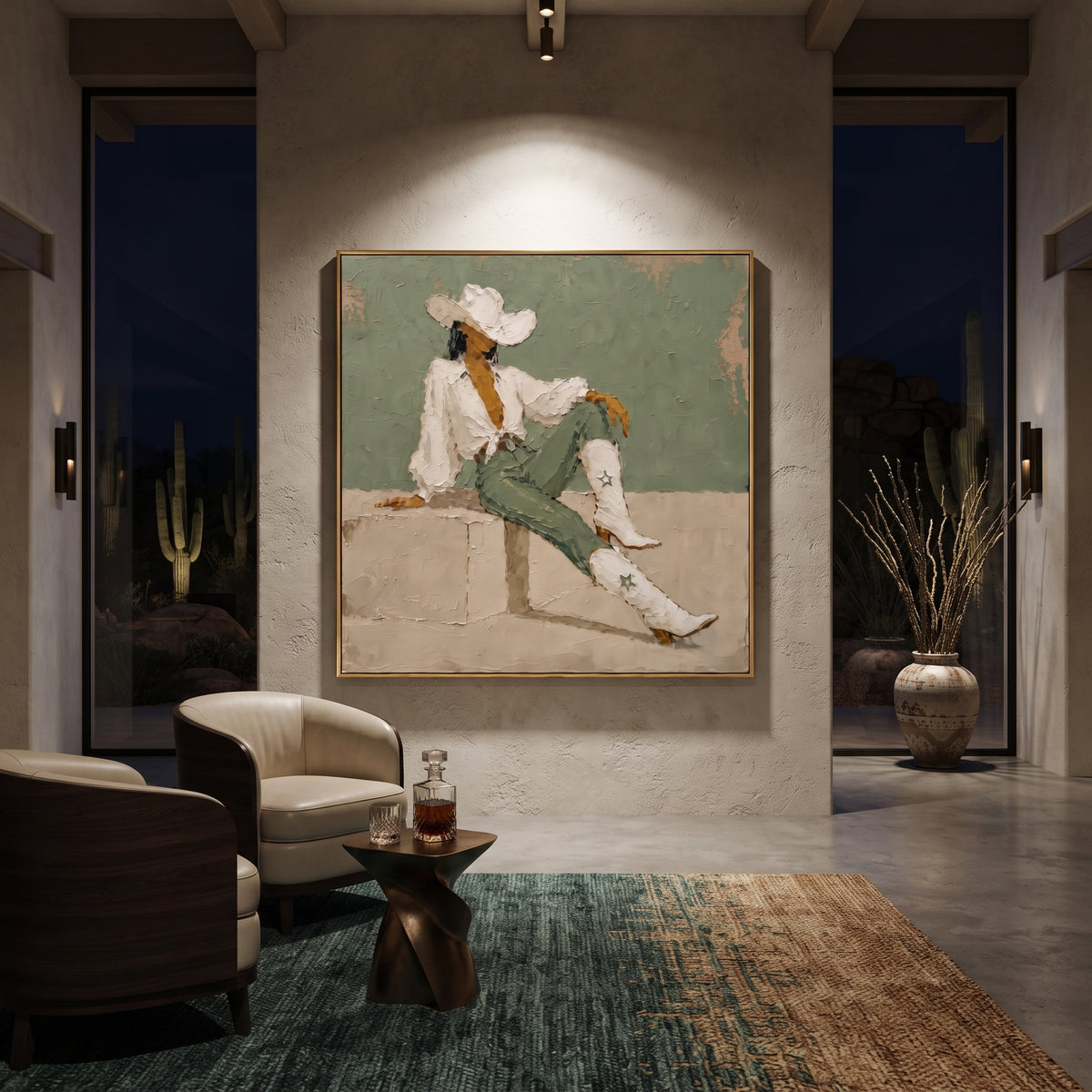 Seated Cowboy Sage Portrait focuses on a seated western figure in white hat and boots against a sage green wall, using the sage green family as the main atmosphere while keeping the subject and composition specific to the actual main image. The visible details are described from the artwork itself: the placement of the main forms, the surrounding negative space, the relationship between pale highlights and deeper green or dark accents, and the direction of the brushwork across the surface.