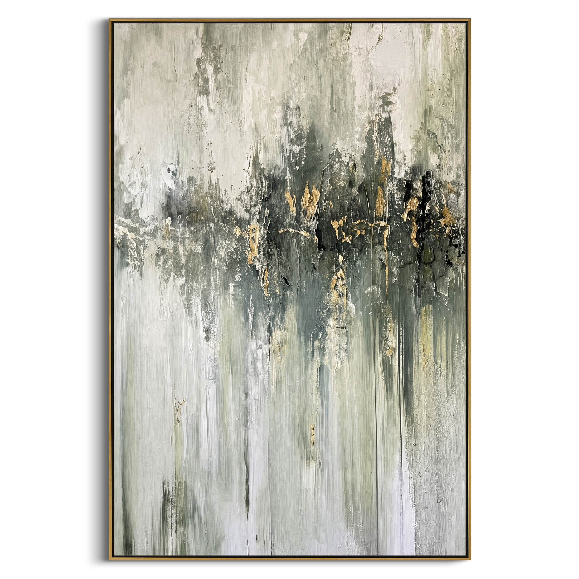 White Black Gold Linear Abstract focuses on white linear brush falls with black central texture and small gold accents, using the sage green family as the main atmosphere while keeping the subject and composition specific to the actual main image. The visible details are described from the artwork itself: the placement of the main forms, the surrounding negative space, the relationship between pale highlights and deeper green or dark accents, and the direction of the brushwork across the