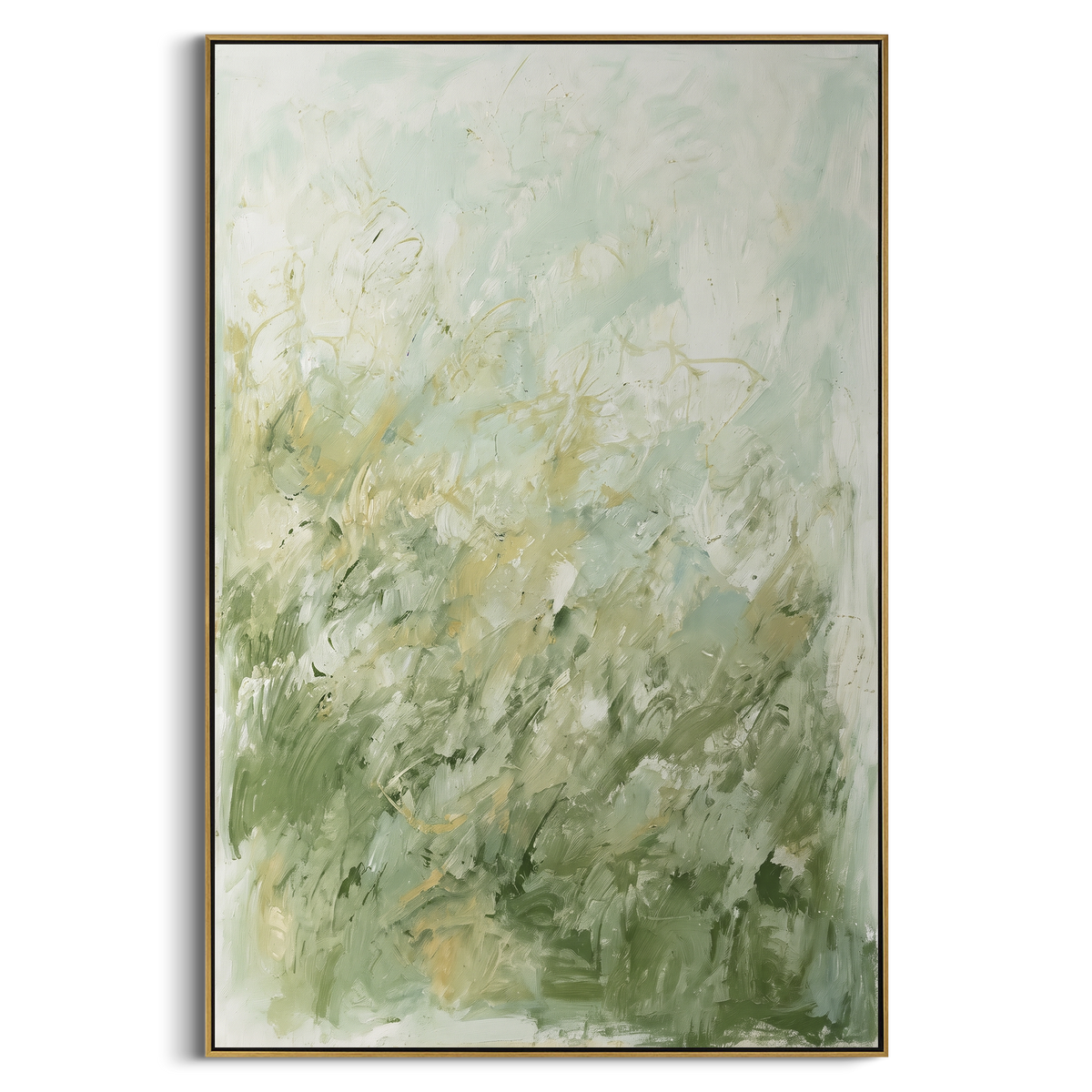 Pale Sage Wildflower Meadow focuses on pale sage meadow flowers with soft white blossoms and loose green stems, using the sage green family as the main atmosphere while keeping the subject and composition specific to the actual main image. The visible details are described from the artwork itself: the placement of the main forms, the surrounding negative space, the relationship between pale highlights and deeper green or dark accents, and the direction of the brushwork across the surface. Raised