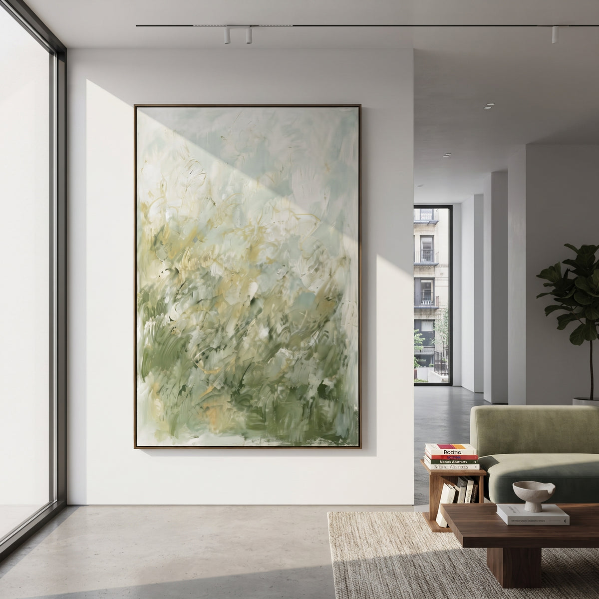 Pale Sage Wildflower Meadow focuses on pale sage meadow flowers with soft white blossoms and loose green stems, using the sage green family as the main atmosphere while keeping the subject and composition specific to the actual main image. The visible details are described from the artwork itself: the placement of the main forms, the surrounding negative space, the relationship between pale highlights and deeper green or dark accents, and the direction of the brushwork across the surface. Raised
